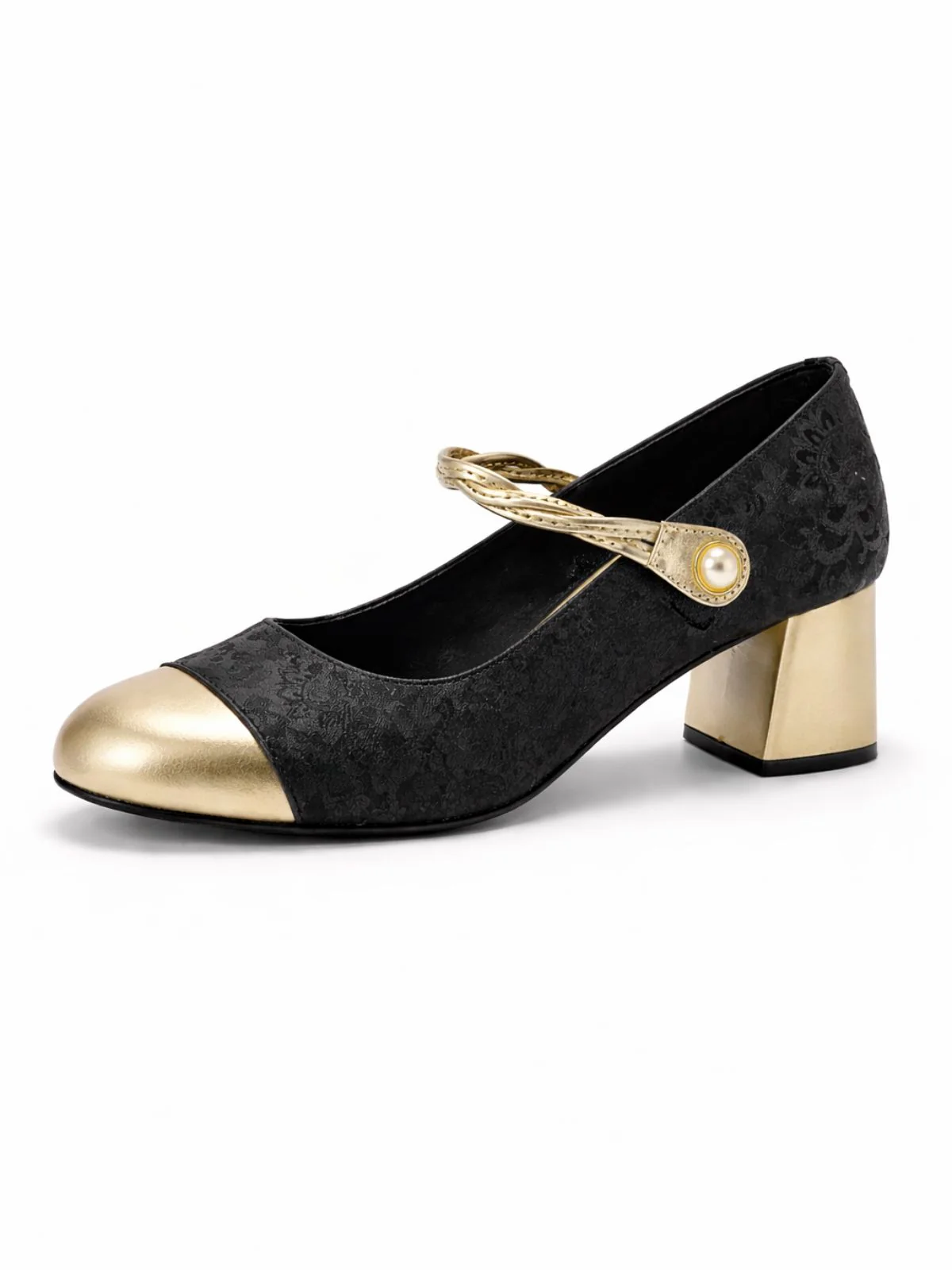 Odette Black And Golden PU Self Design Heels For Women - Image 6