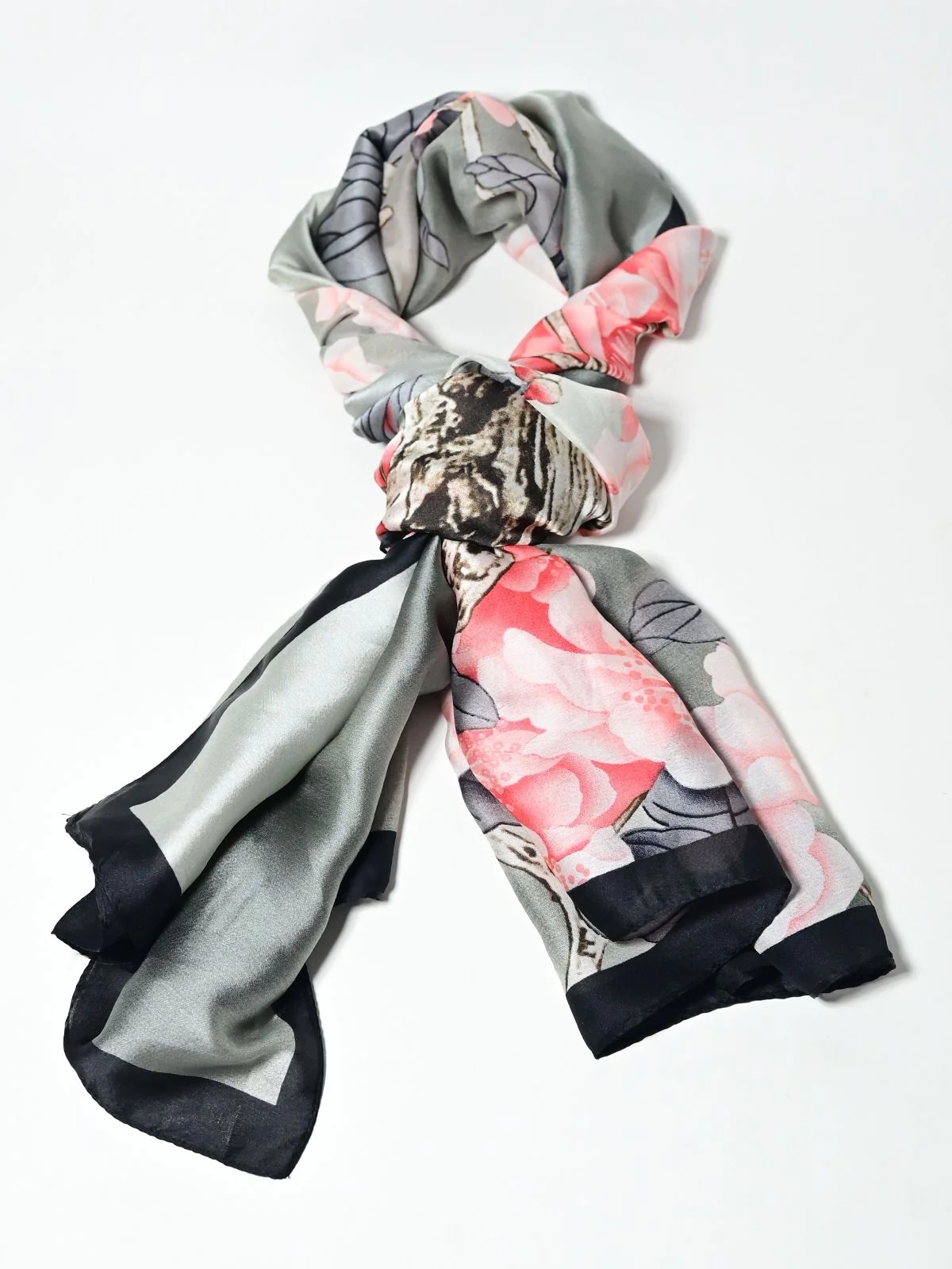 Odette Black And Grey Printed Satin Scarf For Women - Image 3