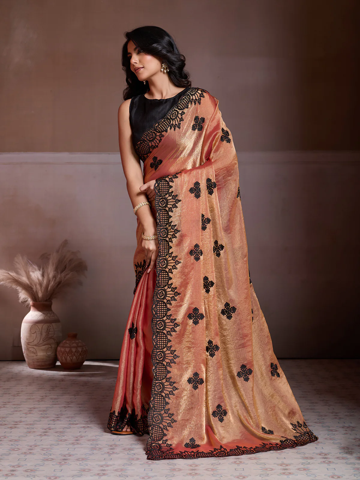 Odette Black And Magenta Chiffon Embroidered Saree For Women - Image 2