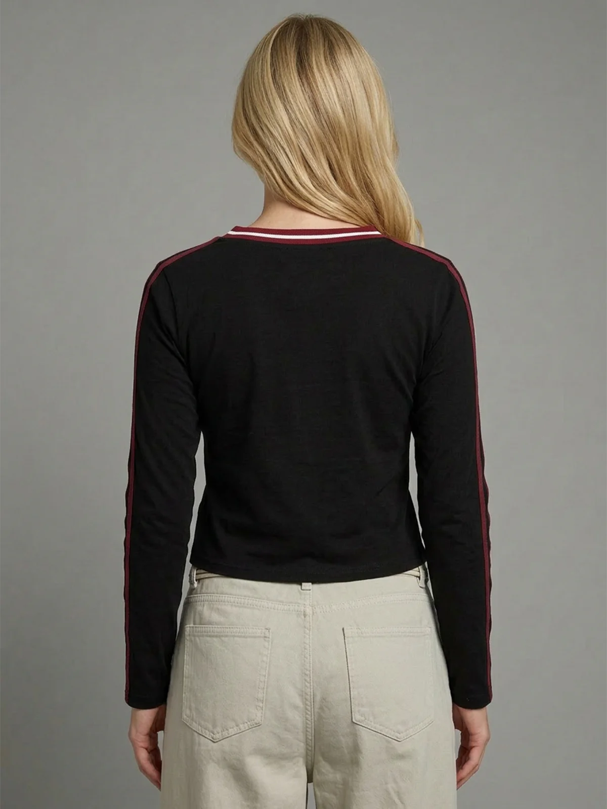 Odette Black And Maroon Cotton Rib Solid Top For Women - Image 3