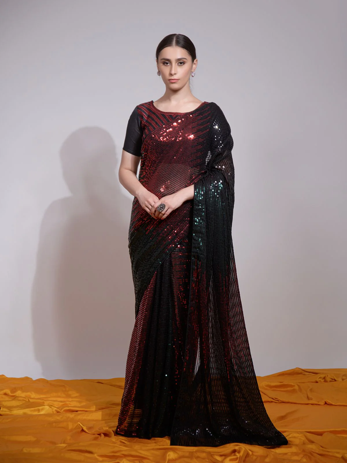 Odette Black And Maroon Embellished Georgette Saree With Unstitched Blouse For Women