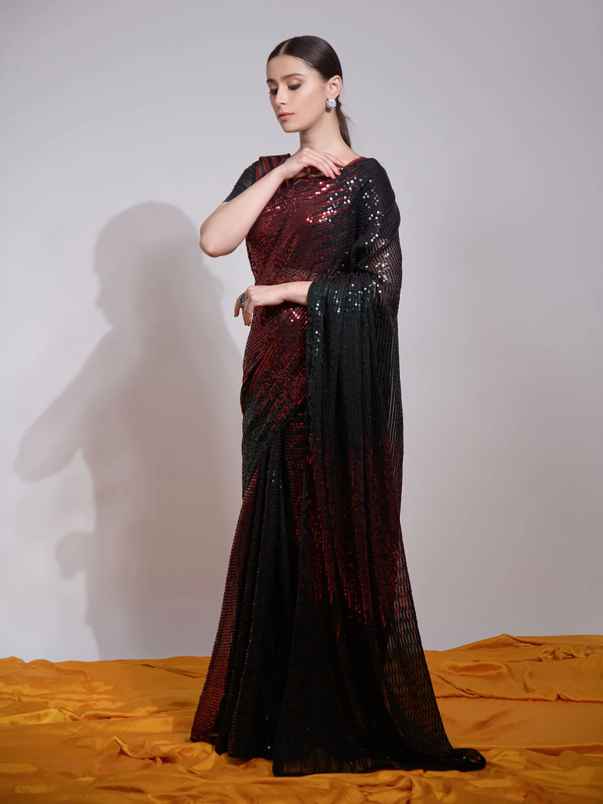 Odette Black And Maroon Embellished Georgette Saree With Unstitched Blouse For Women - Image 3