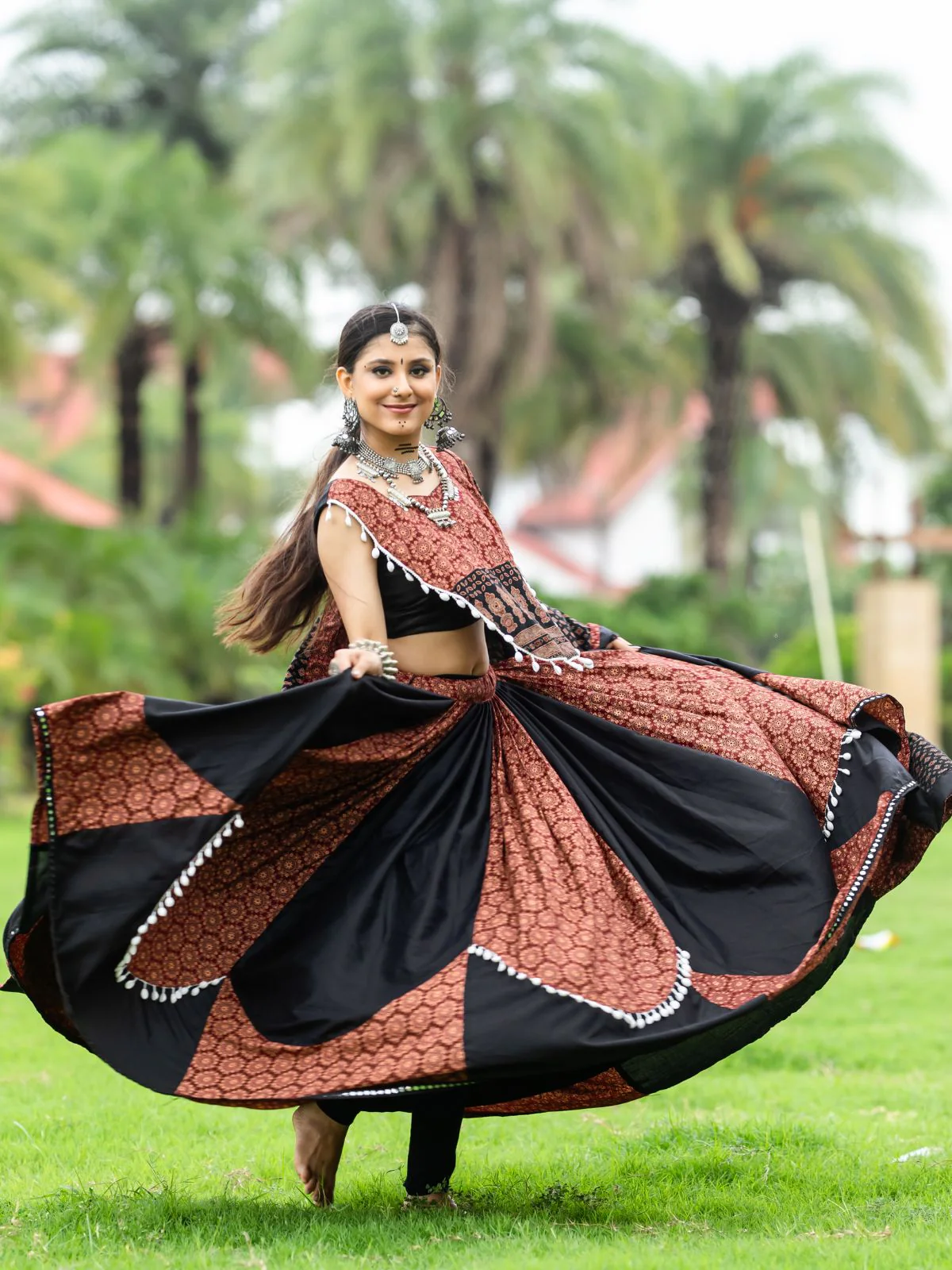 Odette Black And Maroon Printed Cotton Stitched Lehenga With Blouse For Women - Image 3