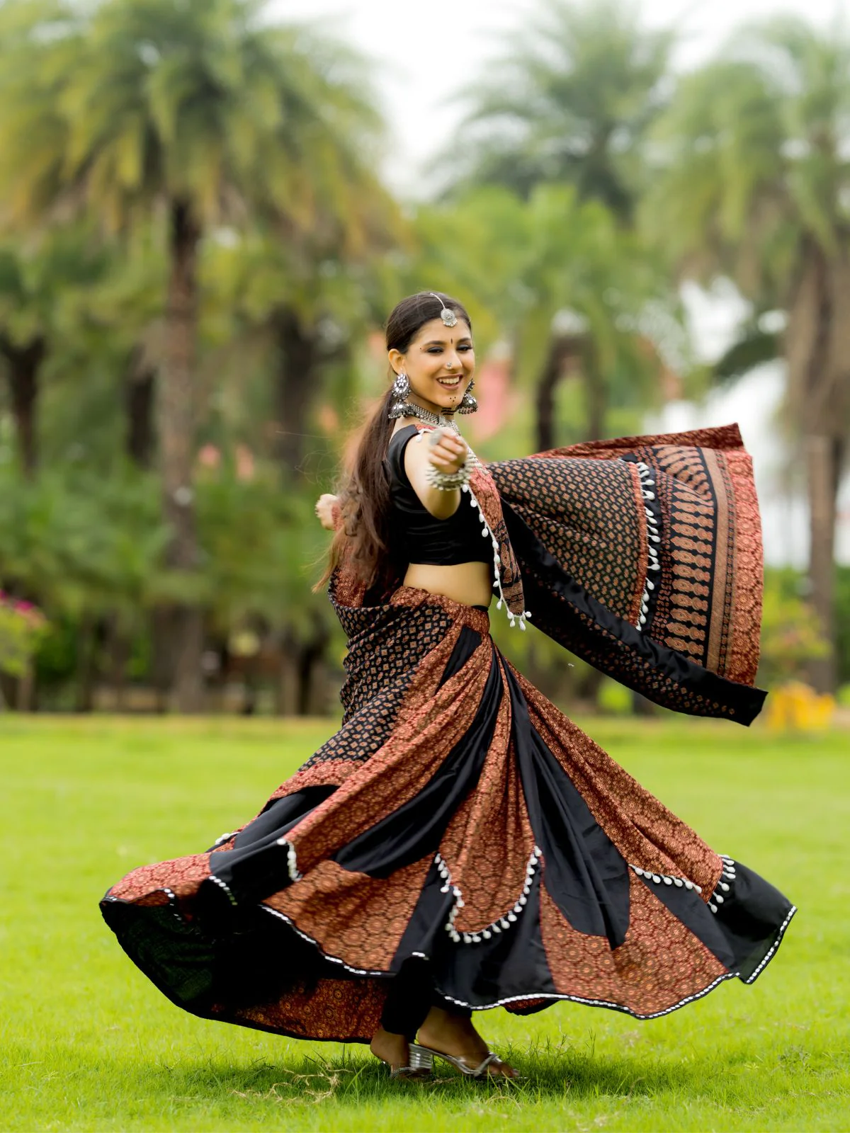 Odette Black And Maroon Printed Cotton Stitched Lehenga With Blouse For Women - Image 6