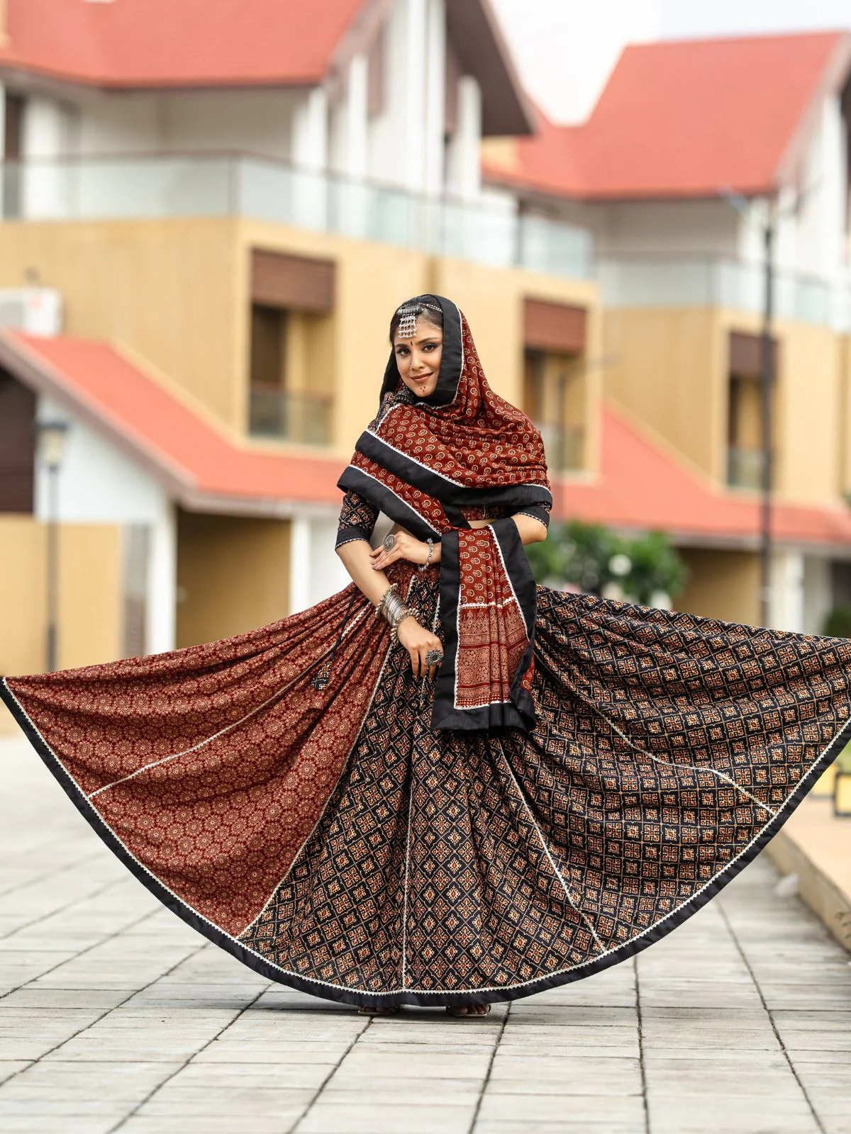 Odette Black And Maroon Printed Cotton Stitched Lehenga With Stitched Blouse And Dupatta For Women - Image 2
