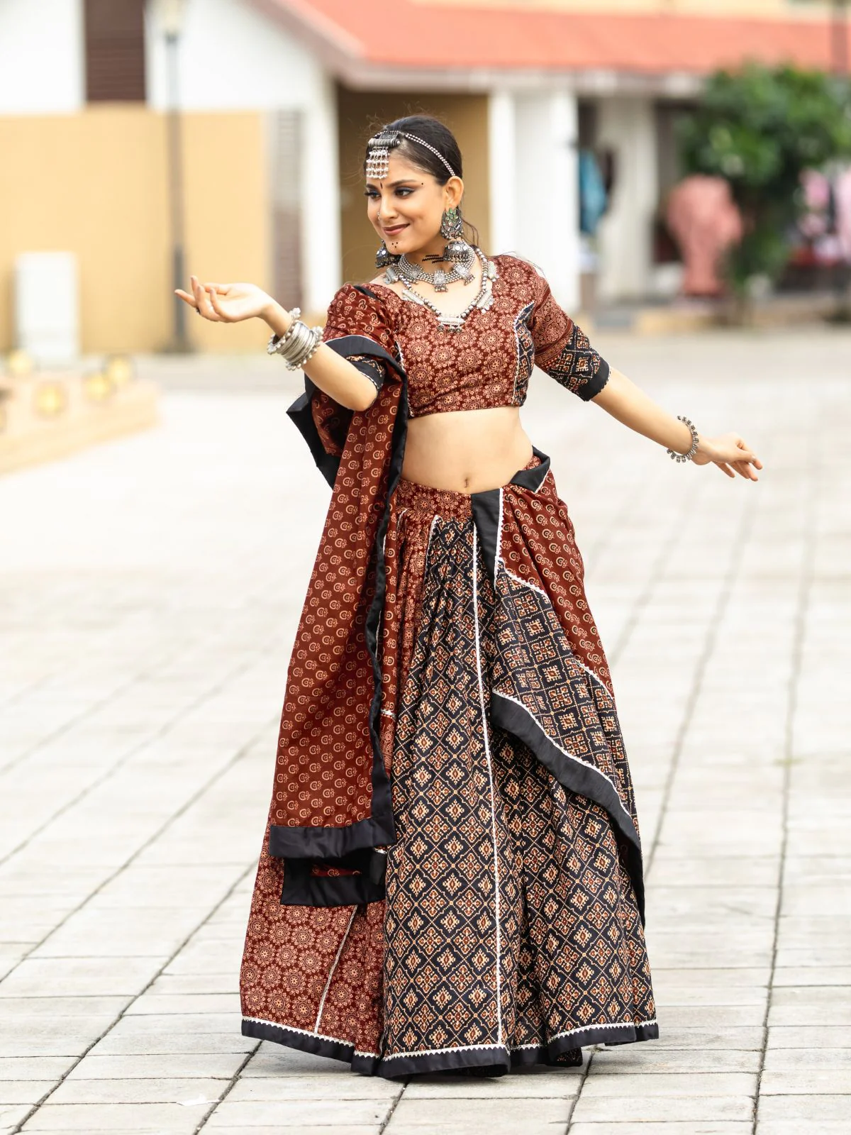 Odette Black And Maroon Printed Cotton Stitched Lehenga With Stitched Blouse And Dupatta For Women - Image 3