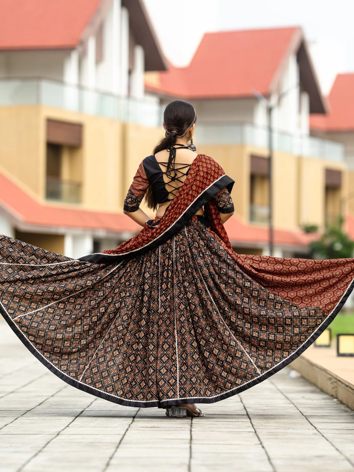Odette Black And Maroon Printed Cotton Stitched Lehenga With Stitched Blouse And Dupatta For Women - Image 5