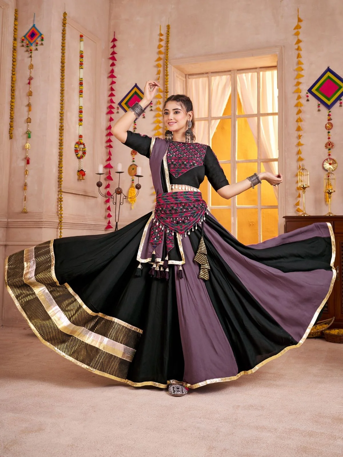 Odette Black And Mauve Cotton Blend Solid With Golden Border Semi-Stitched Lehenga For Women - Image 3