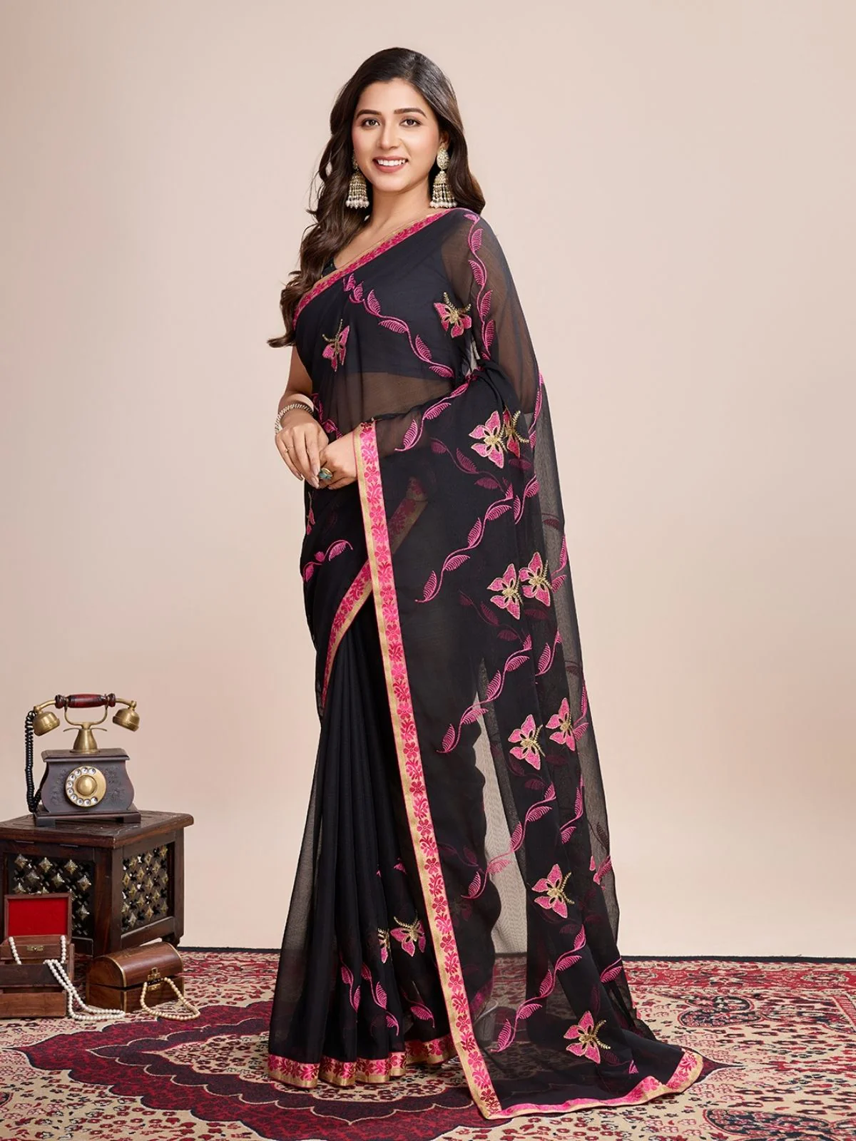 Odette Black And Pink Georgette Embroidered Saree With Unstitched Blouse For Women - Image 2