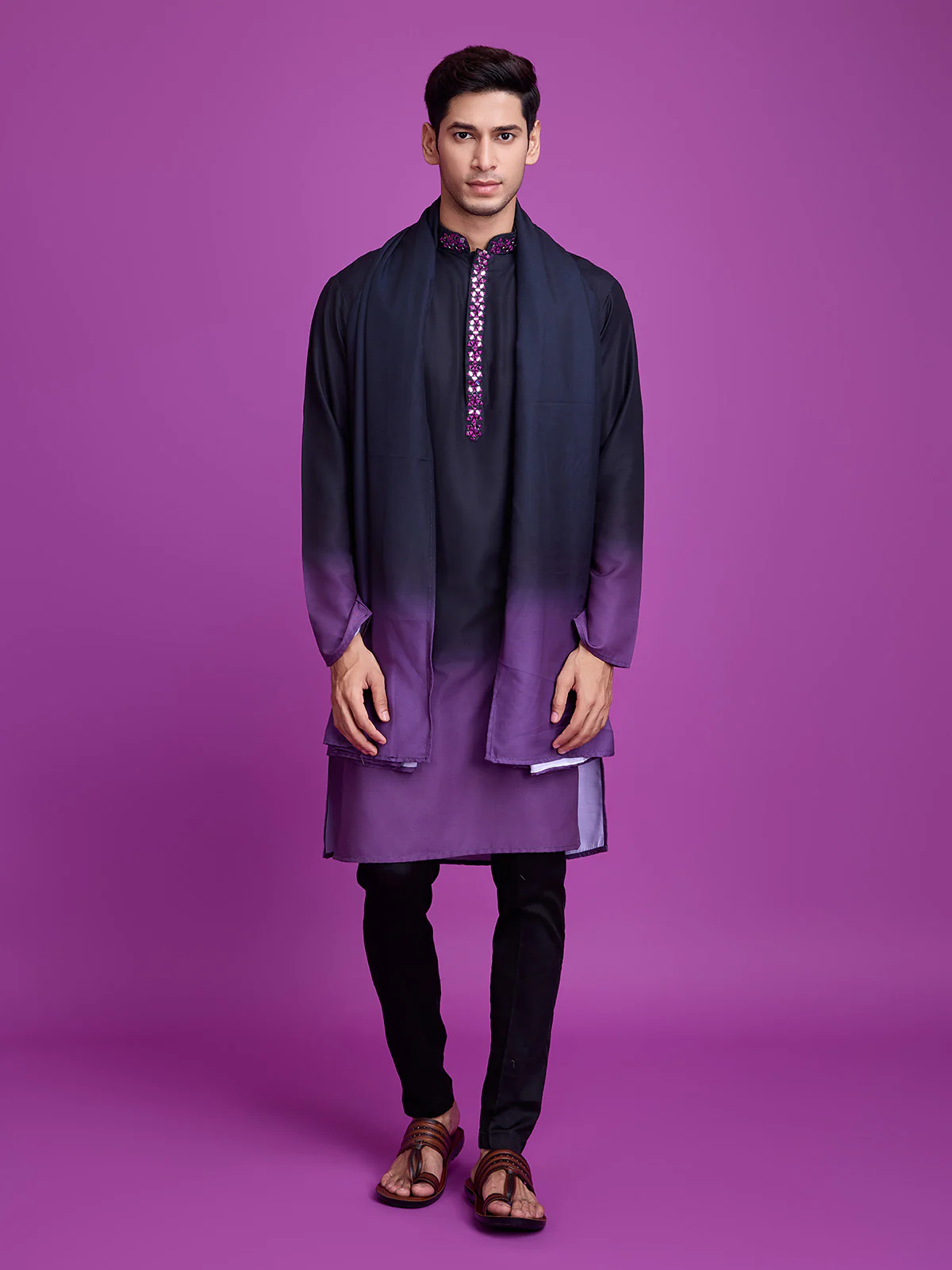 Odette Black And Purple Ombre Rayon Kurta With Dupatta For Men, - Image 2