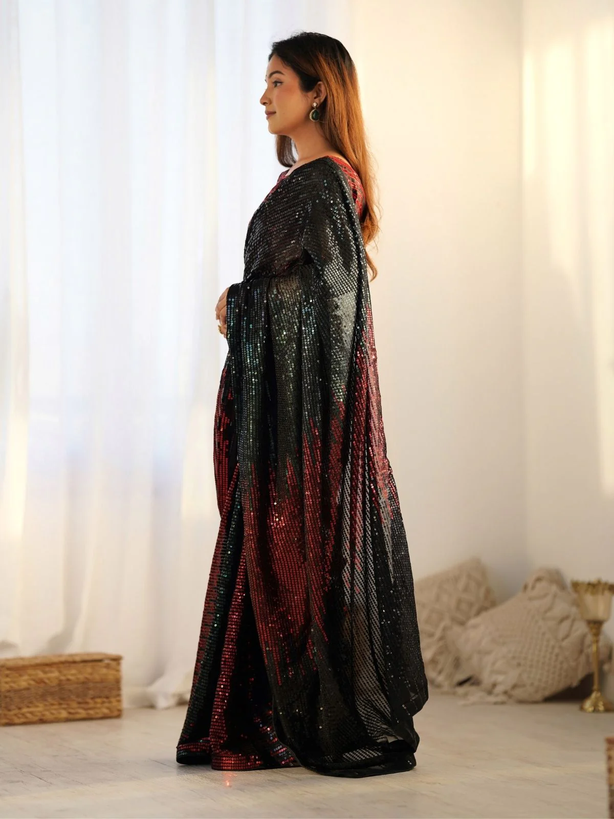 Odette Black And Red Georgette Embellished Saree With Unstitched Blouse For Women - Image 2
