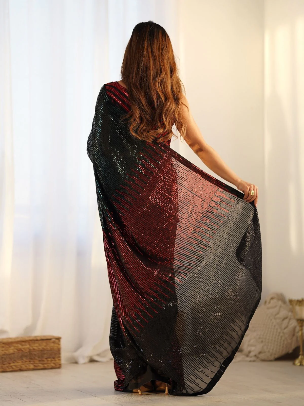 Odette Black And Red Georgette Embellished Saree With Unstitched Blouse For Women - Image 3