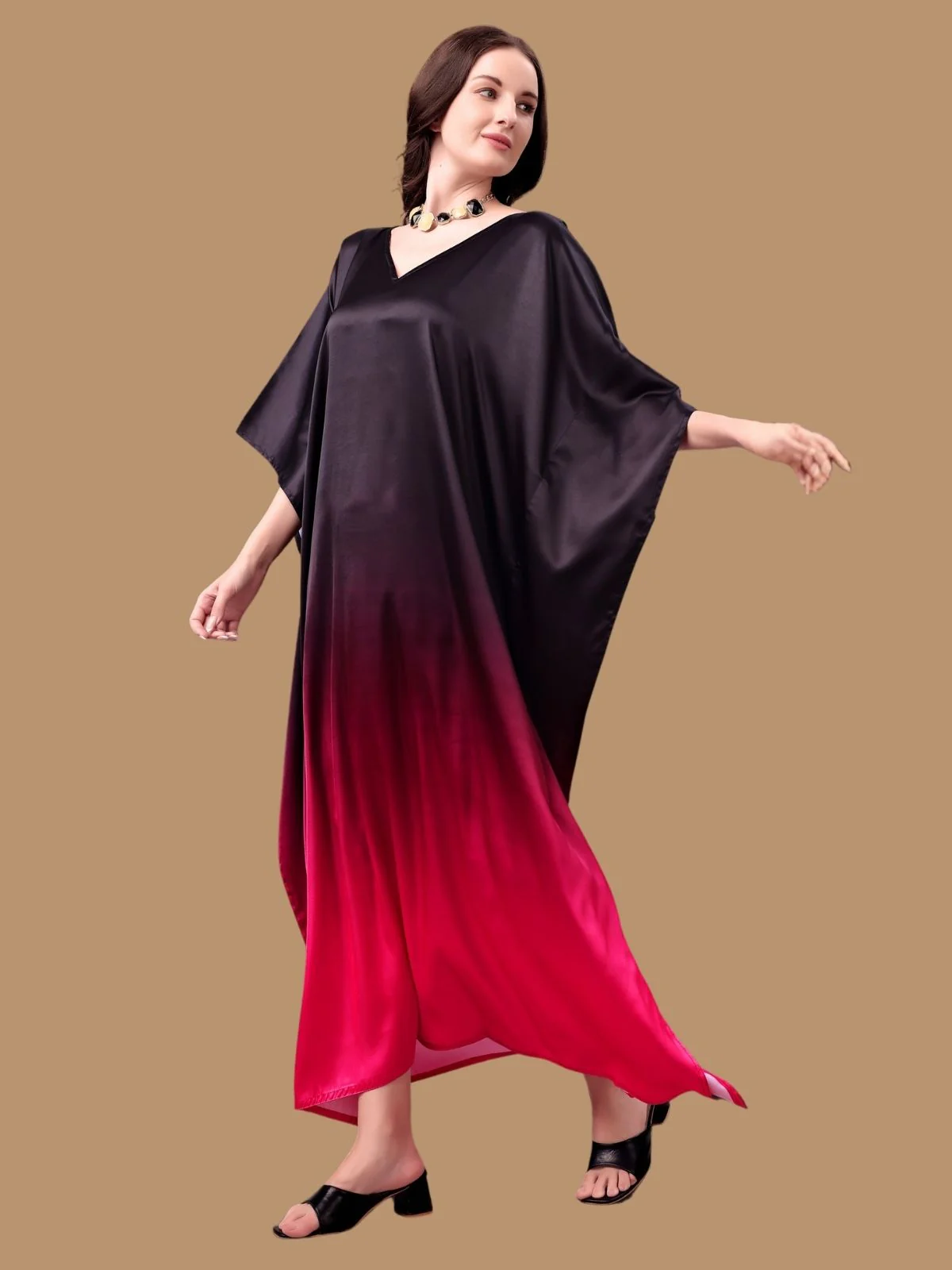 Odette Black And Red Satin Printed Kaftan For Women - Image 2