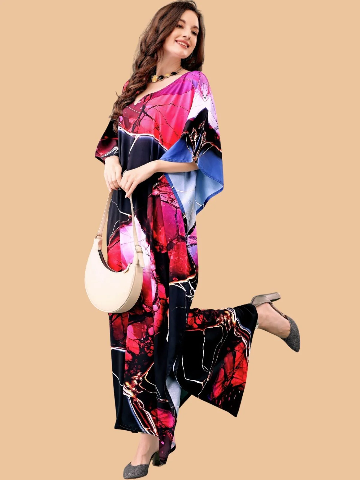 Odette Black And Red Silk Blend Printed Kaftan For Women - Image 2