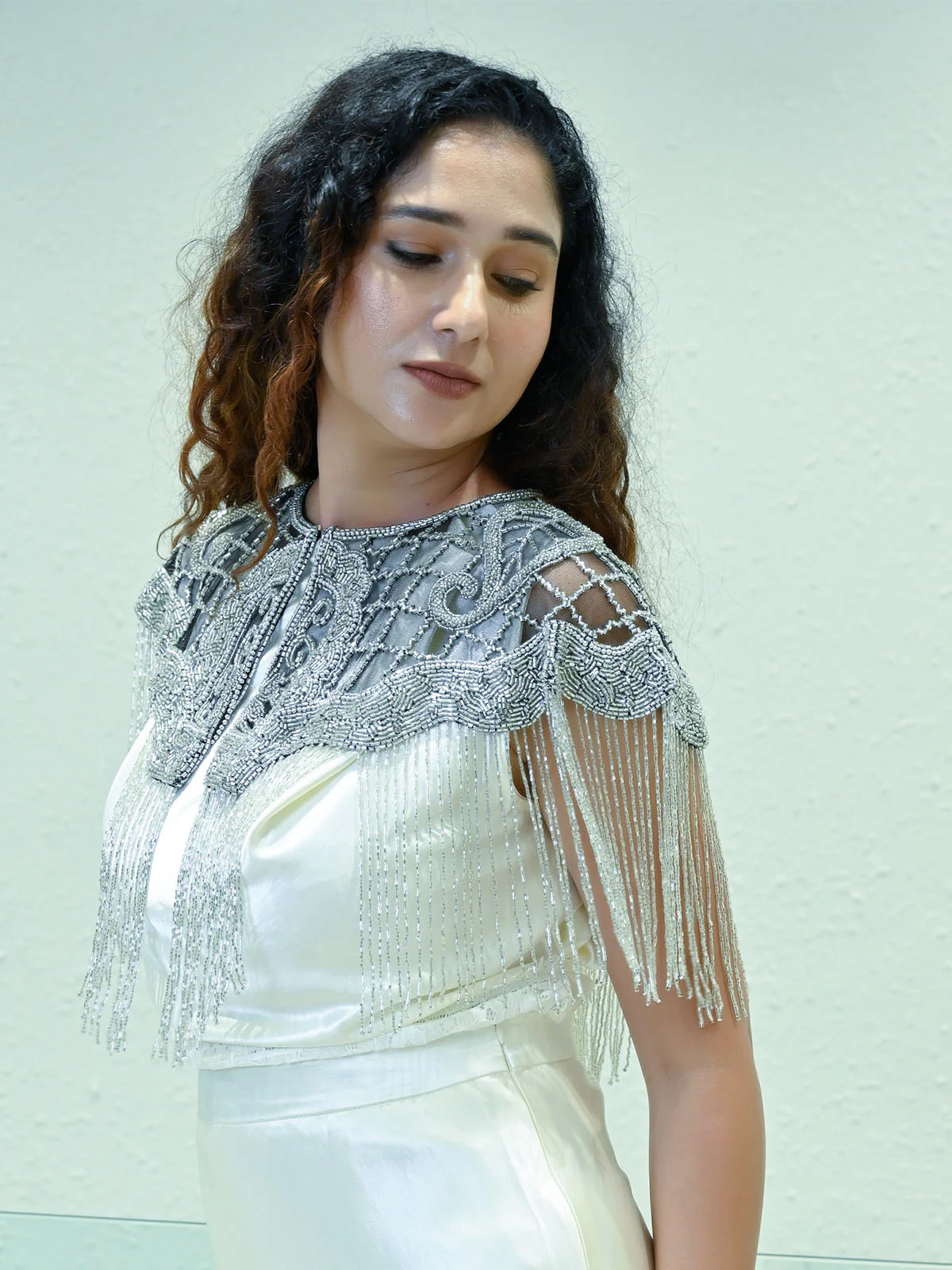 Odette Black And Silver Net Embellished Cape For Women - Image 2