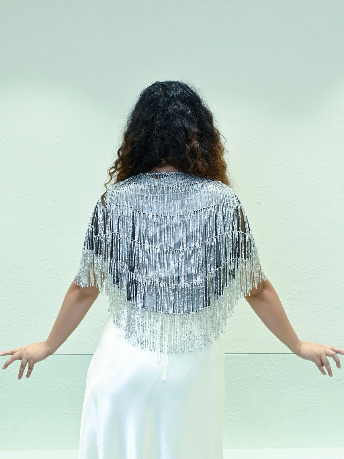 Odette Black And Siver Net Embellished Cape For Women - Image 3