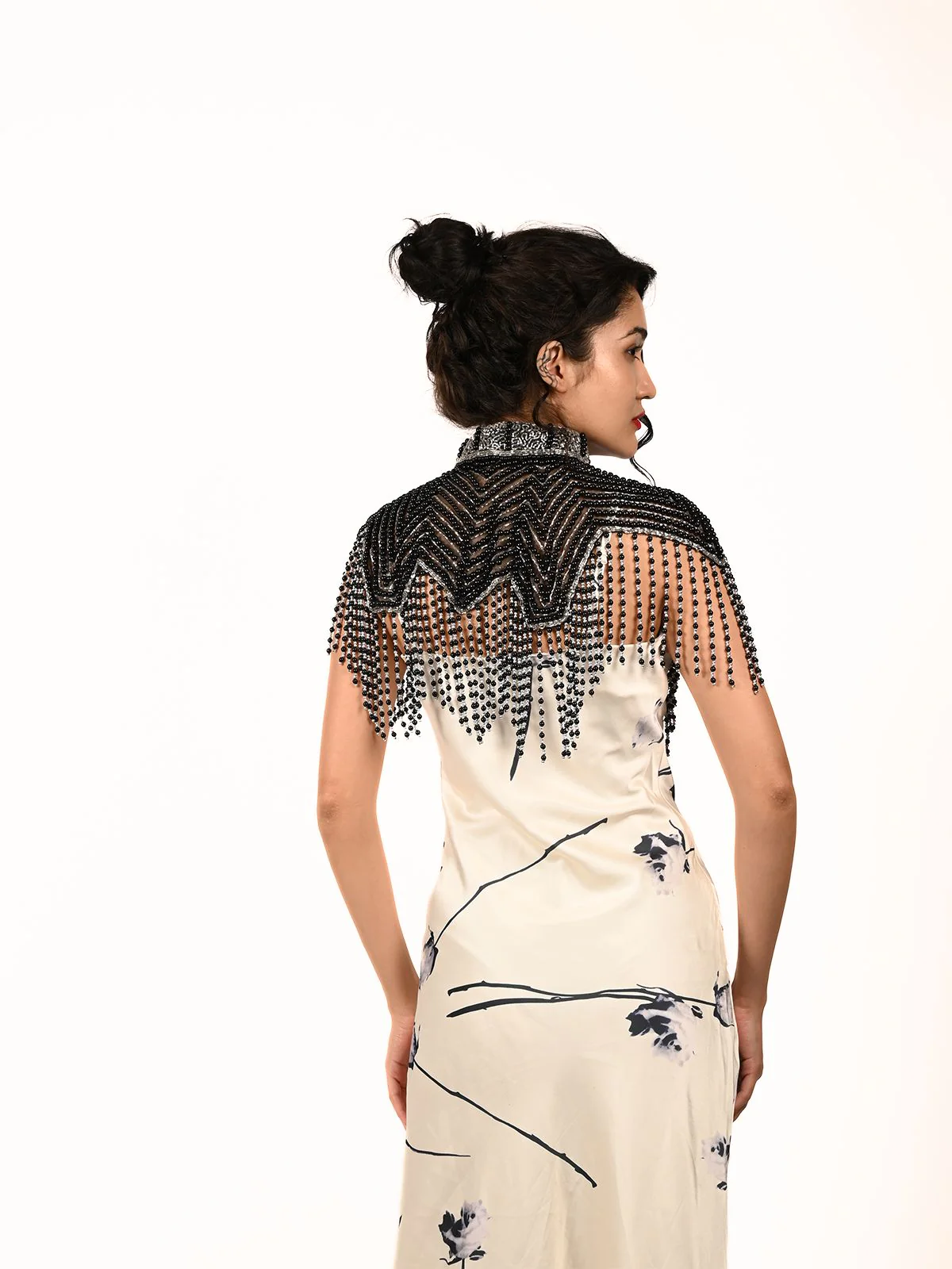 Odette Black And Silver Net Embellished Cape For Women - Image 2