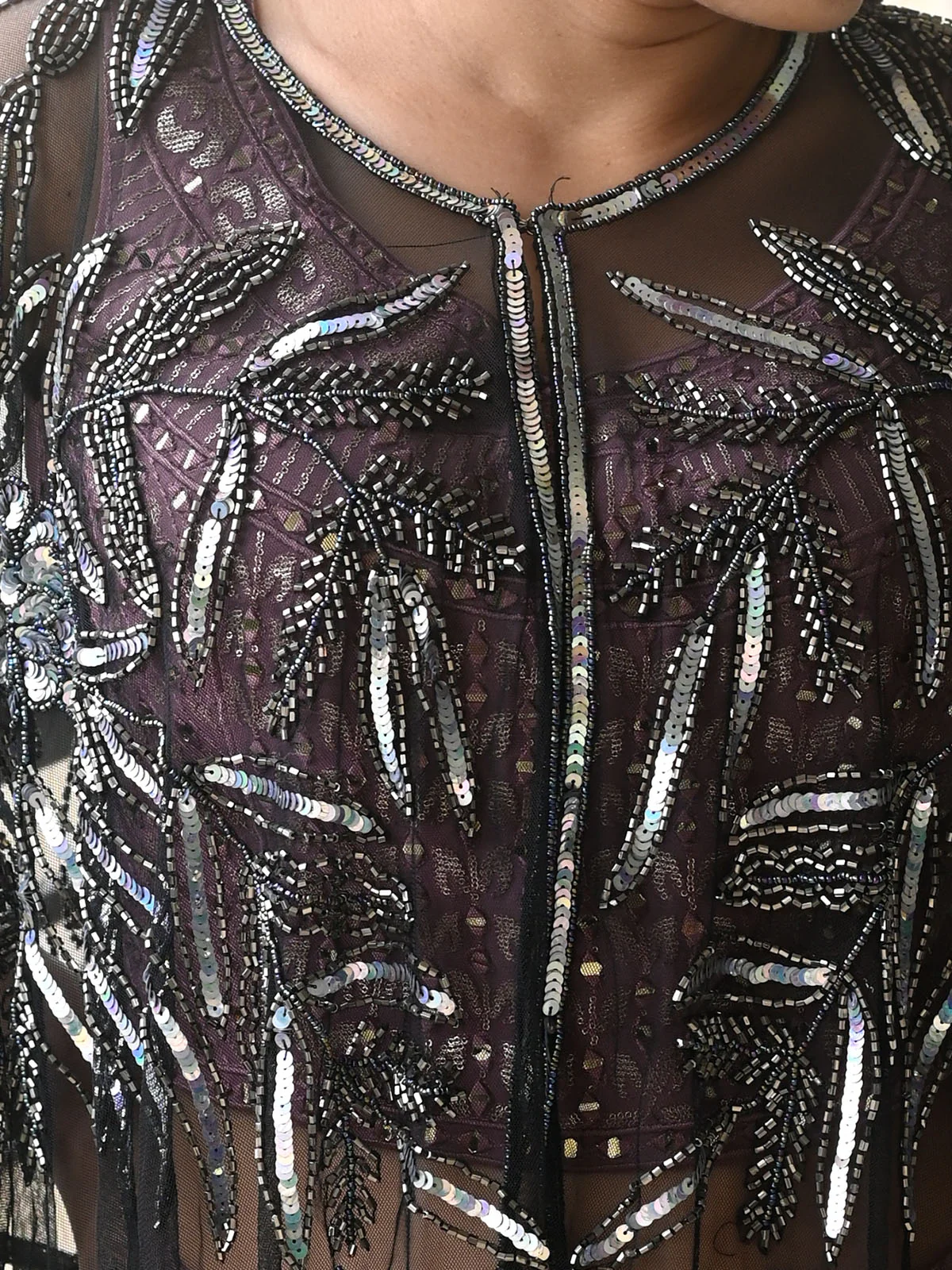 Odette Black And Silver Net Sequins and Beads Tasseled Cape for Women - Image 4