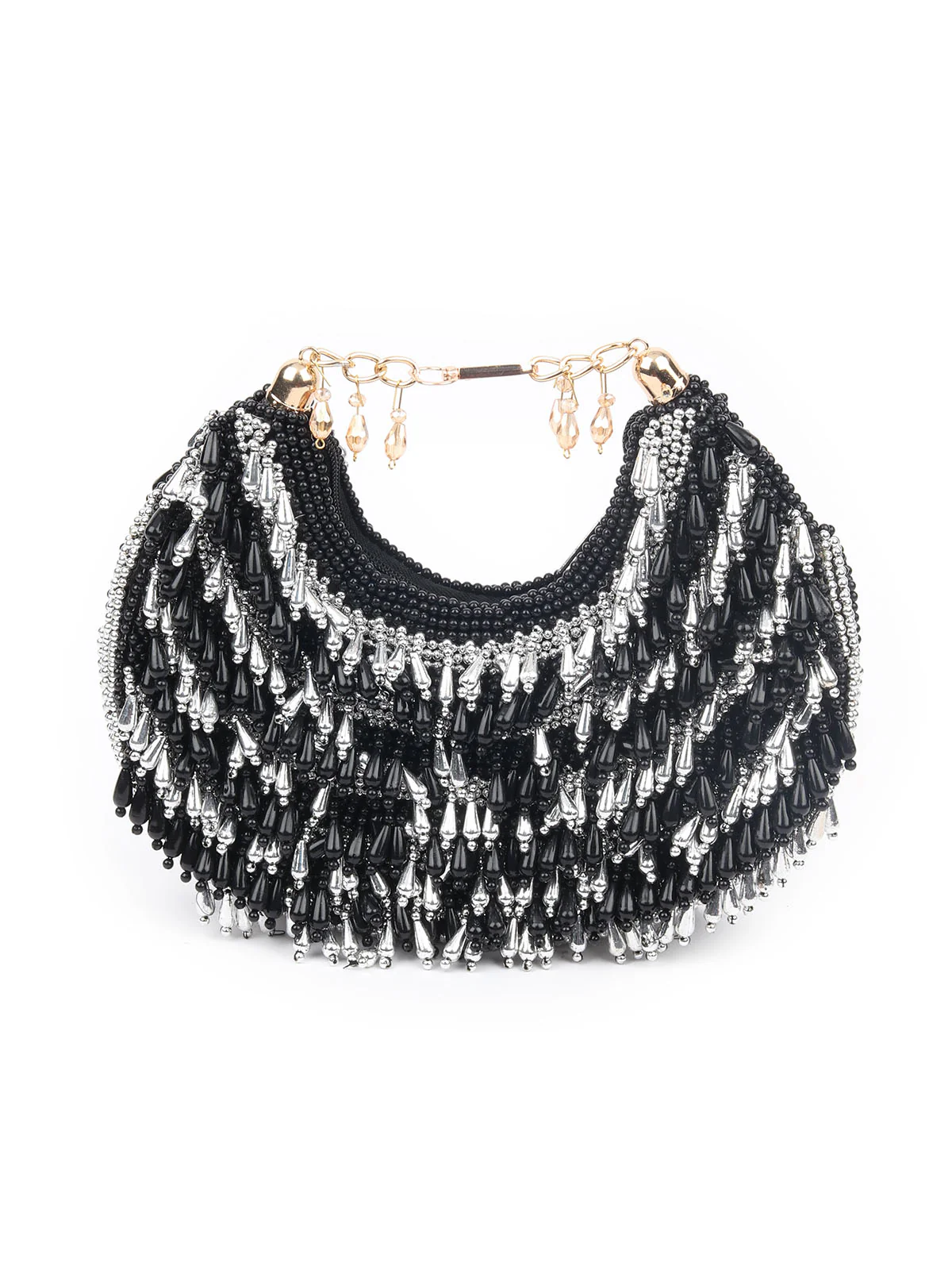 Odette Black And Silver Suede Bead Work Hand Bag For Women - Image 3