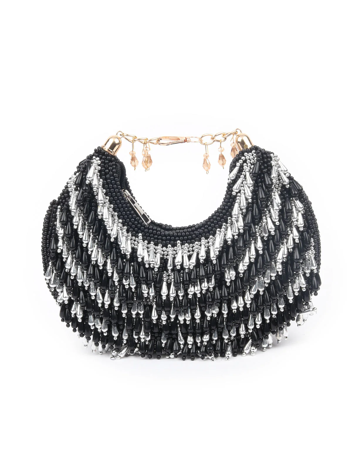 Odette Black And Silver Suede Bead Work Hand Bag For Women - Image 5