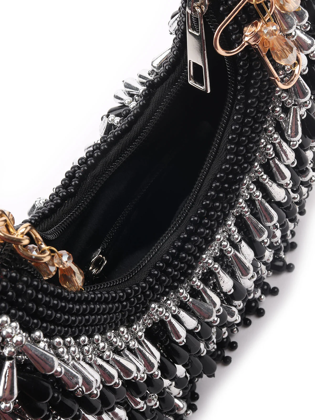 Odette Black And Silver Suede Bead Work Hand Bag For Women - Image 6