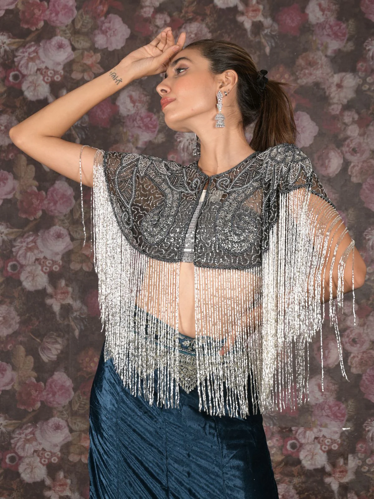 Odette Black and Silver Tasseled Cape For Women - Image 2