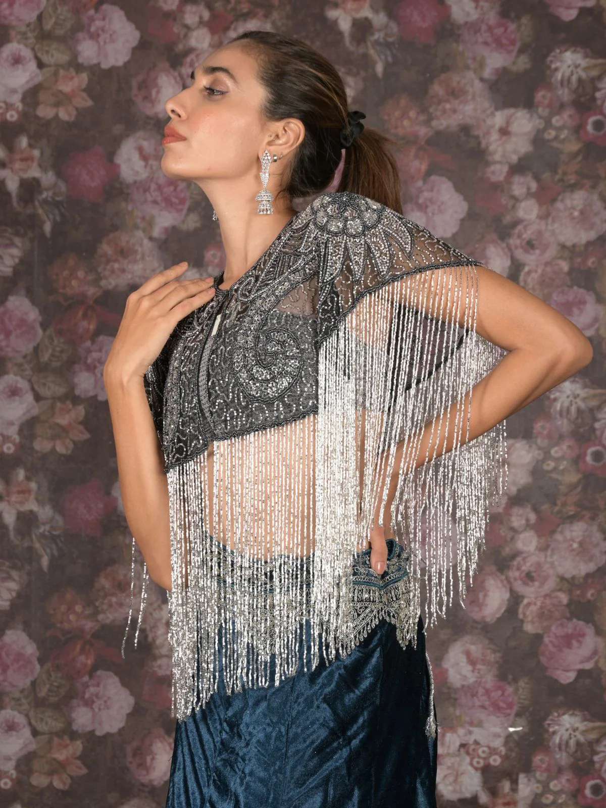 Odette Black and Silver Tasseled Cape For Women - Image 3