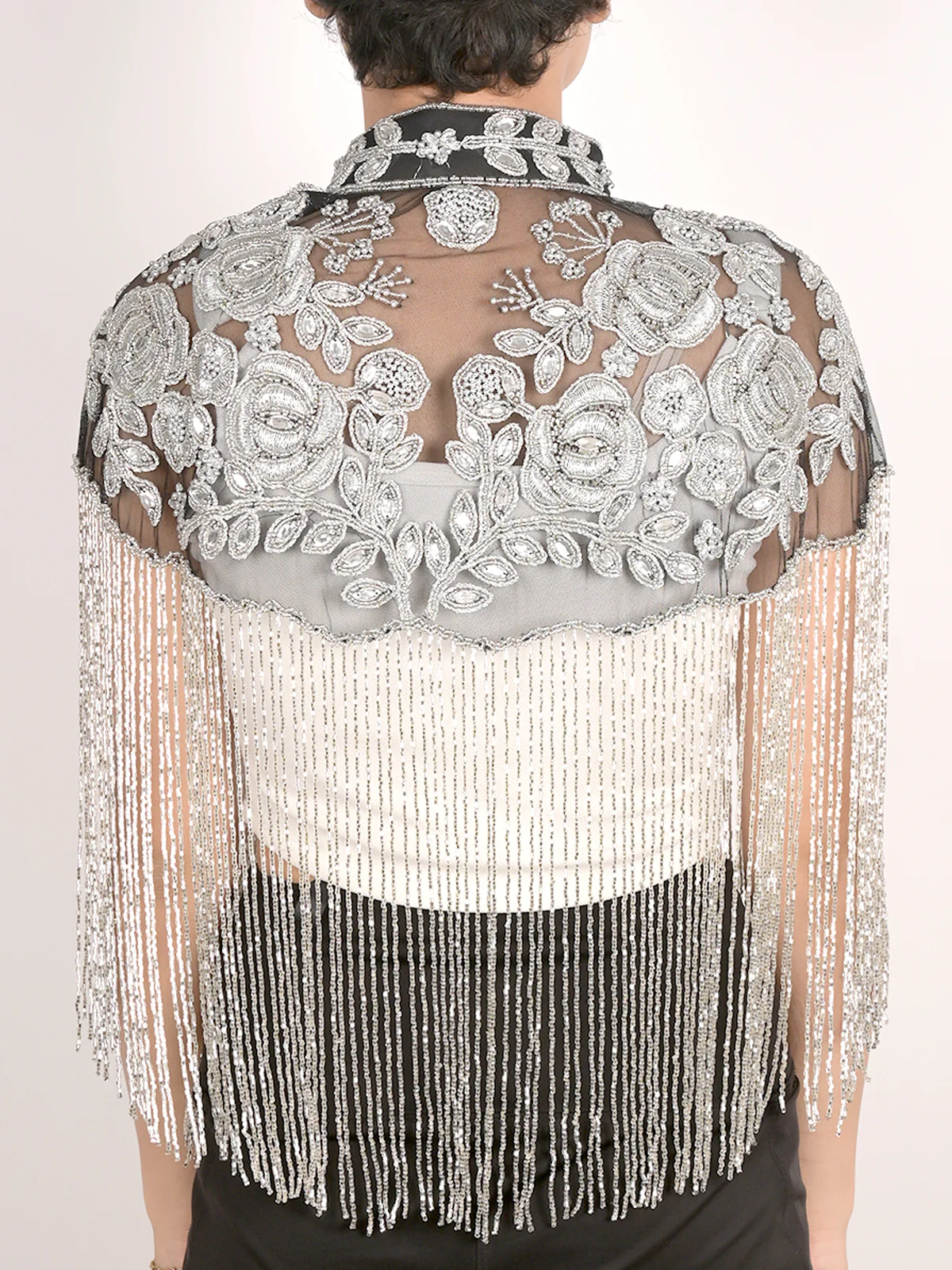 Odette Black and Silver Tasseled Cape For Women - Image 3