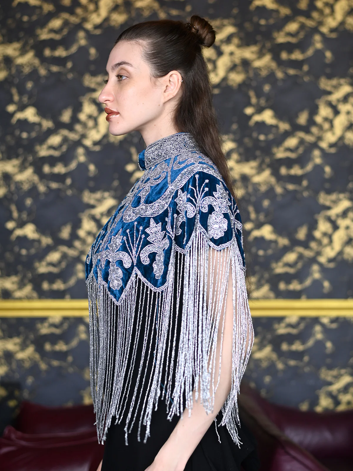 Odette Teal and Silver Tasseled Velvet Cape For Women - Image 2