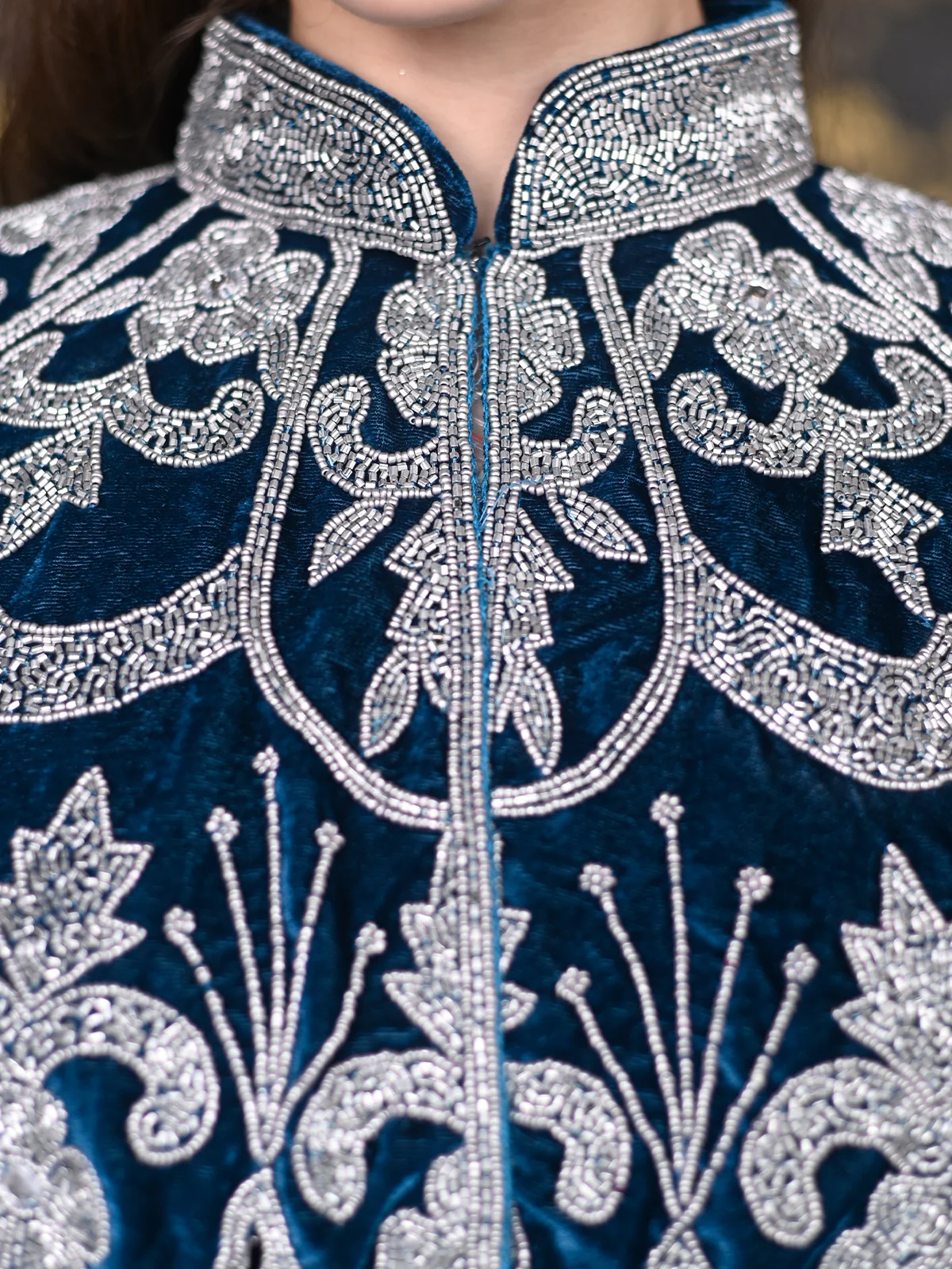 Odette Teal and Silver Tasseled Velvet Cape For Women - Image 4