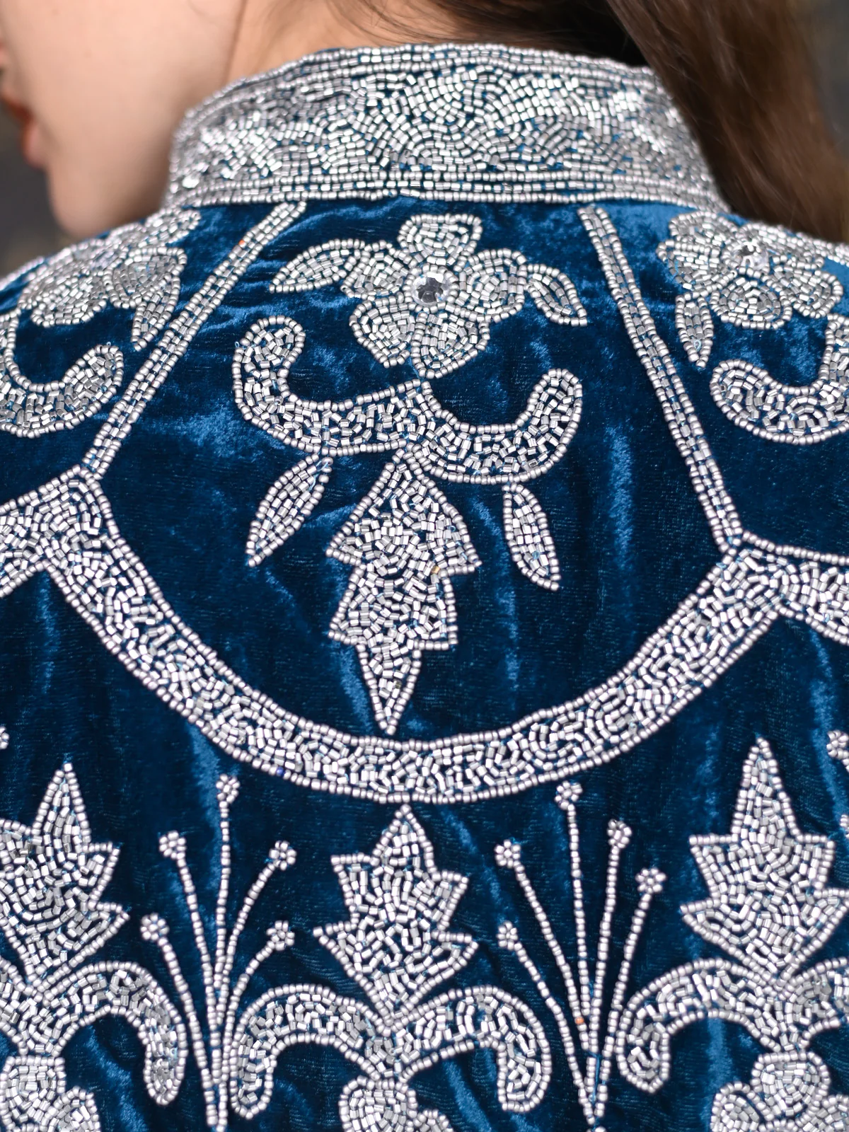 Odette Teal and Silver Tasseled Velvet Cape For Women - Image 5