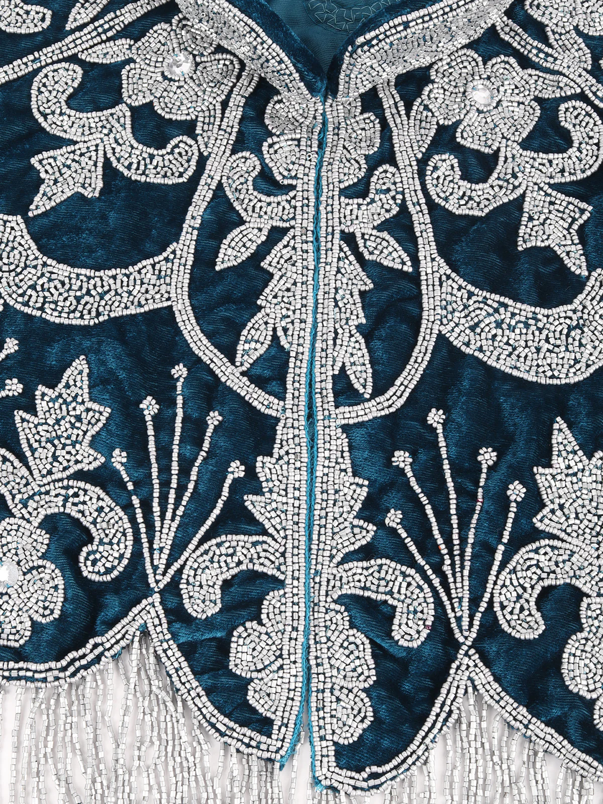 Odette Teal and Silver Tasseled Velvet Cape For Women - Image 6