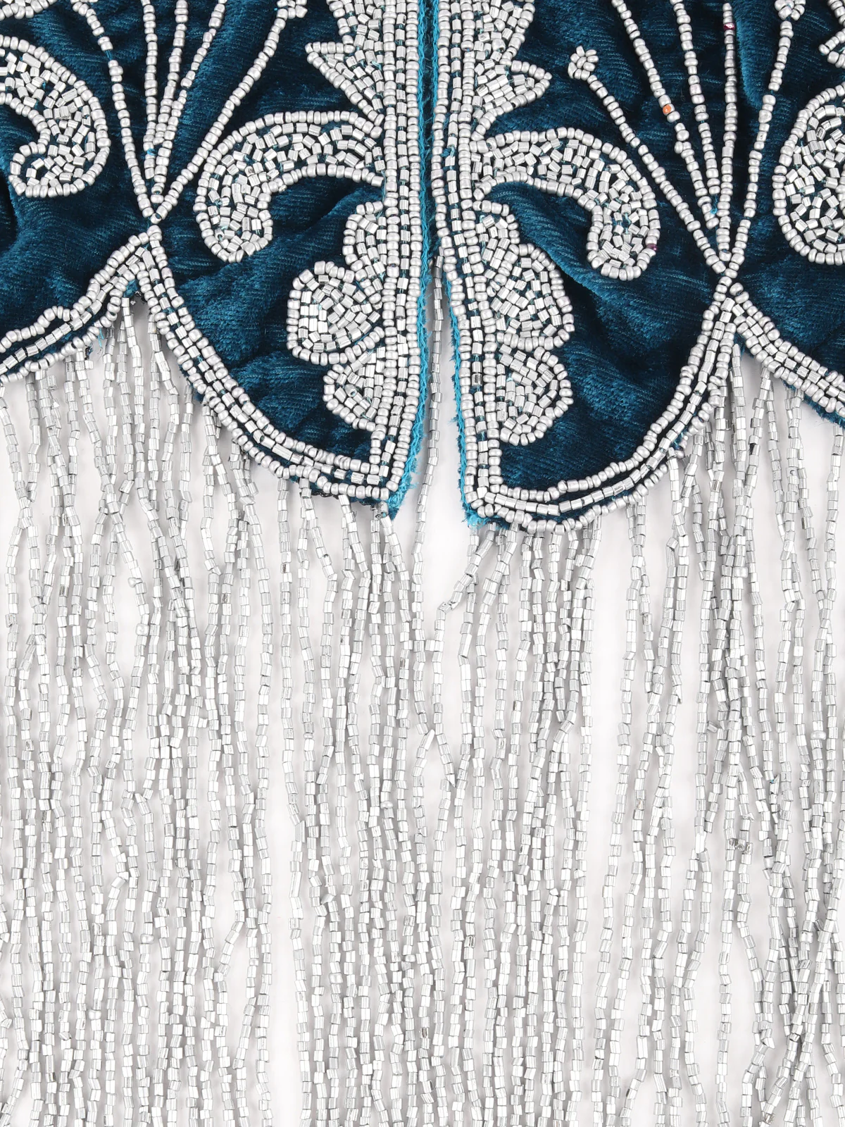 Odette Teal and Silver Tasseled Velvet Cape For Women - Image 8