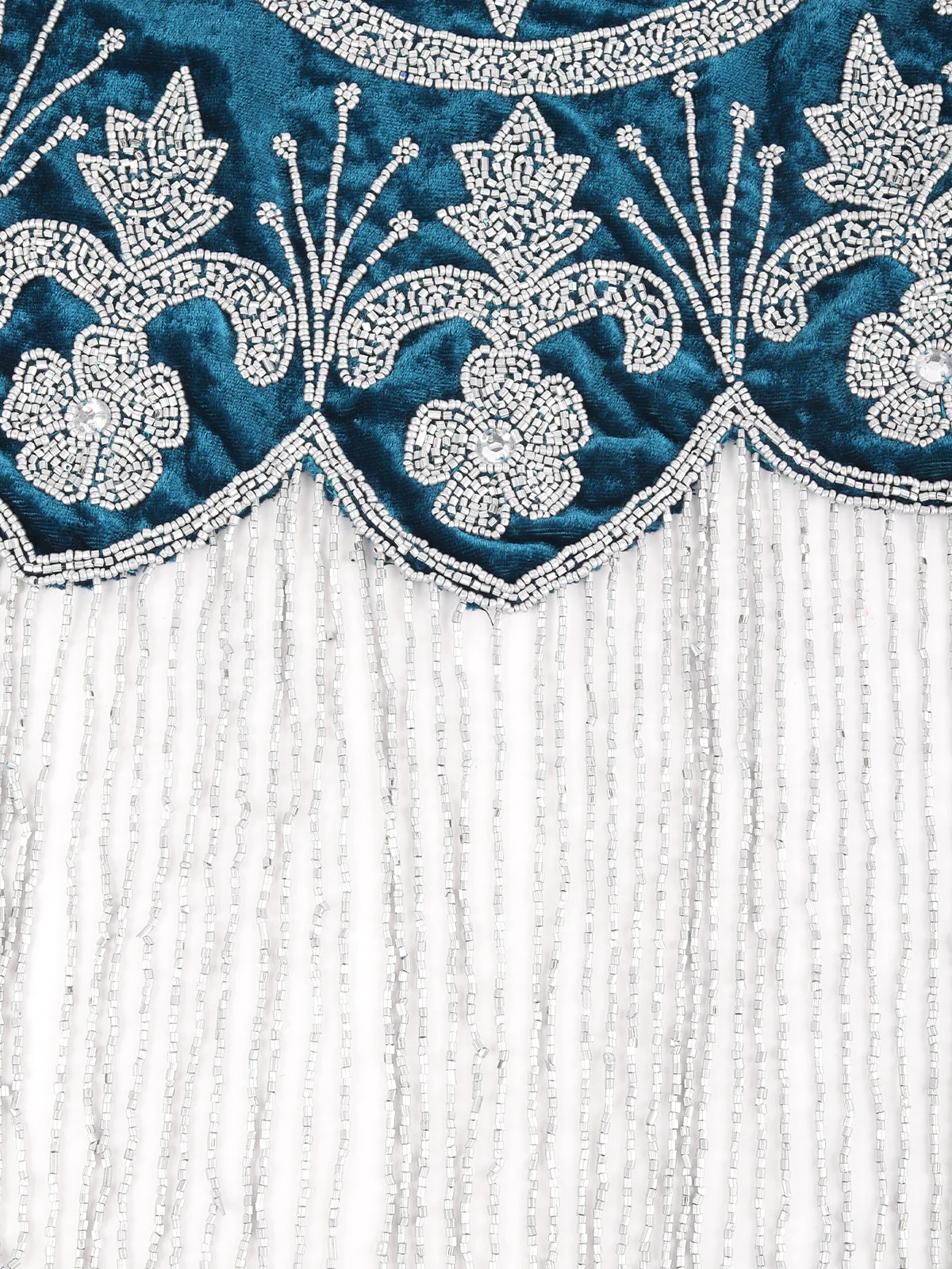 Odette Teal and Silver Tasseled Velvet Cape For Women - Image 9
