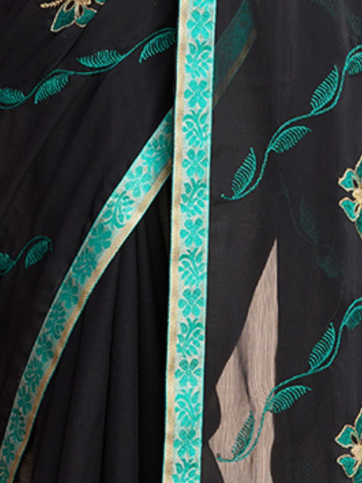 Odette Black And Teal Georgette Embroidered Saree With Unstitched Blouse For Women - Image 5
