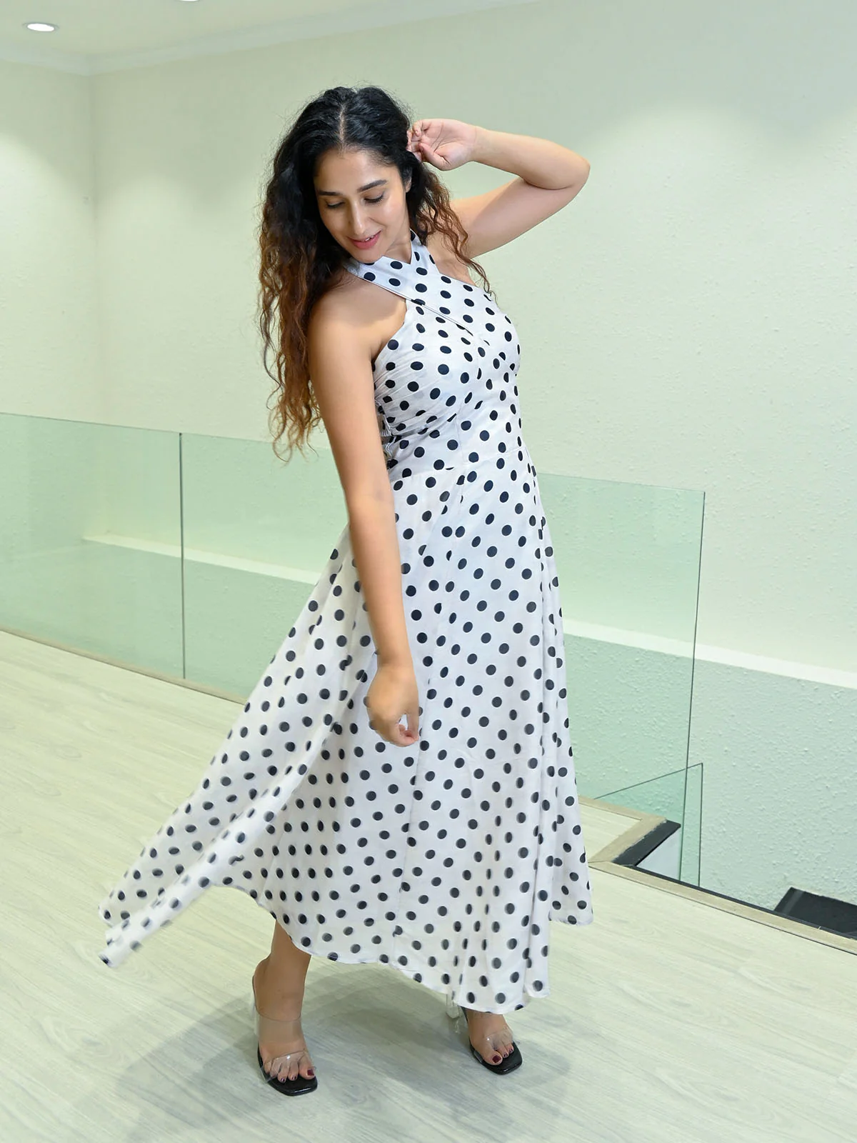 Odette Black And White Cotton Cambric Polka Dot Dress For Women - Image 2