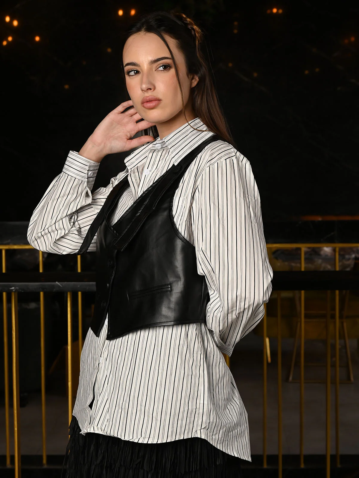 Odette Black And White Cotton Striped Shirt With PU Waist Coat For Women - Image 3