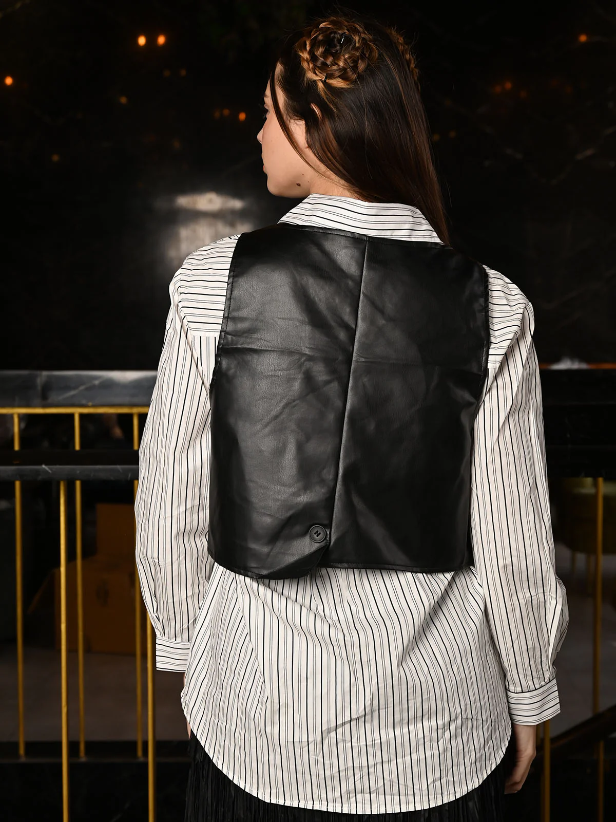Odette Black And White Cotton Striped Shirt With PU Waist Coat For Women - Image 4