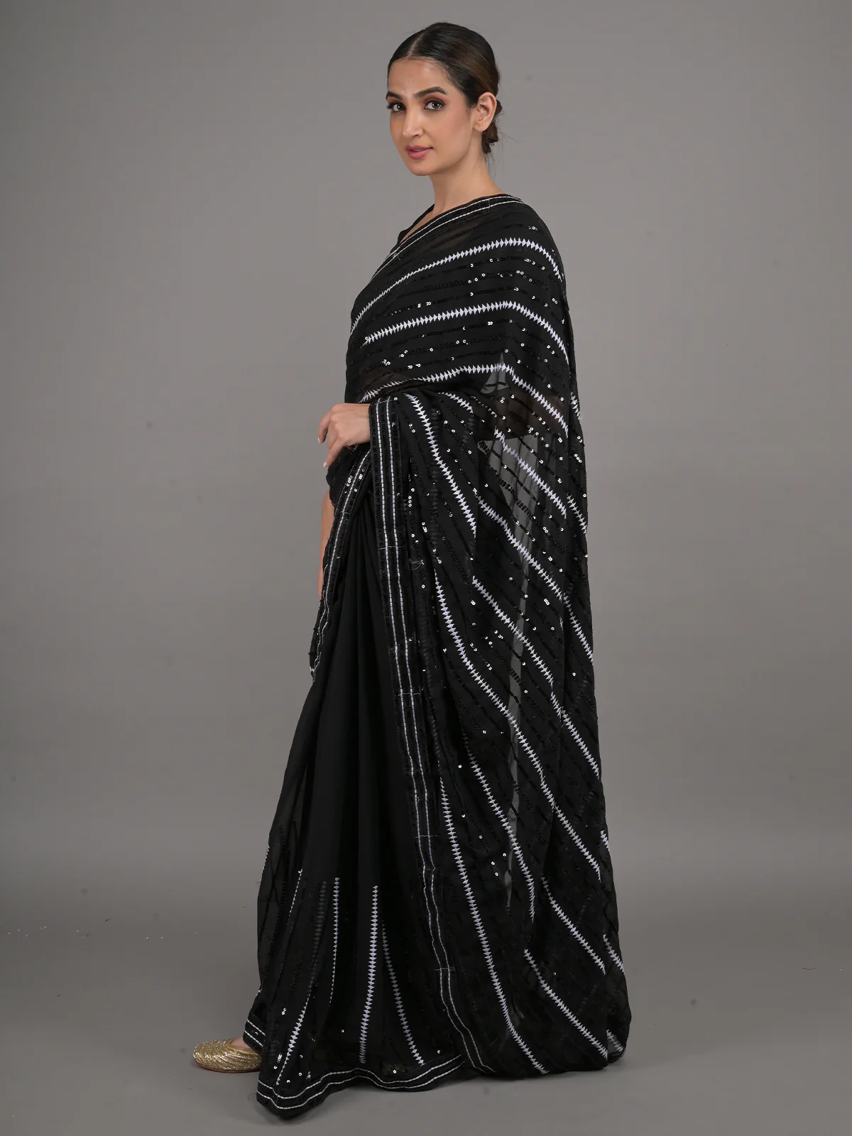Odette Black and White Sequins Embroidered Georgette Saree with Unstitched Blouse for Women - Image 2