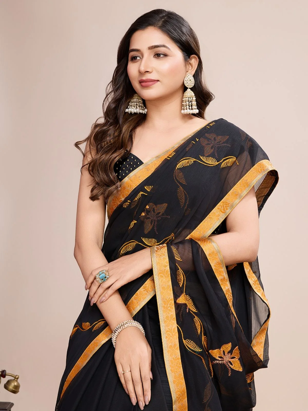 Odette Black And Yellow Georgette Embroidered Saree With Unstitched Blouse For Women - Image 4