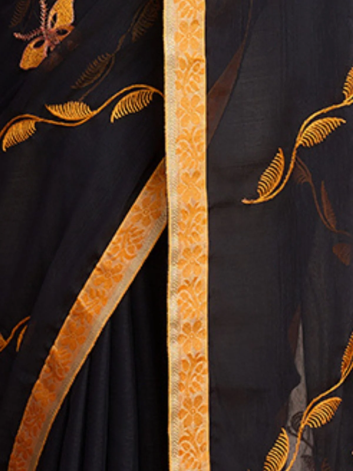 Odette Black And Yellow Georgette Embroidered Saree With Unstitched Blouse For Women - Image 5