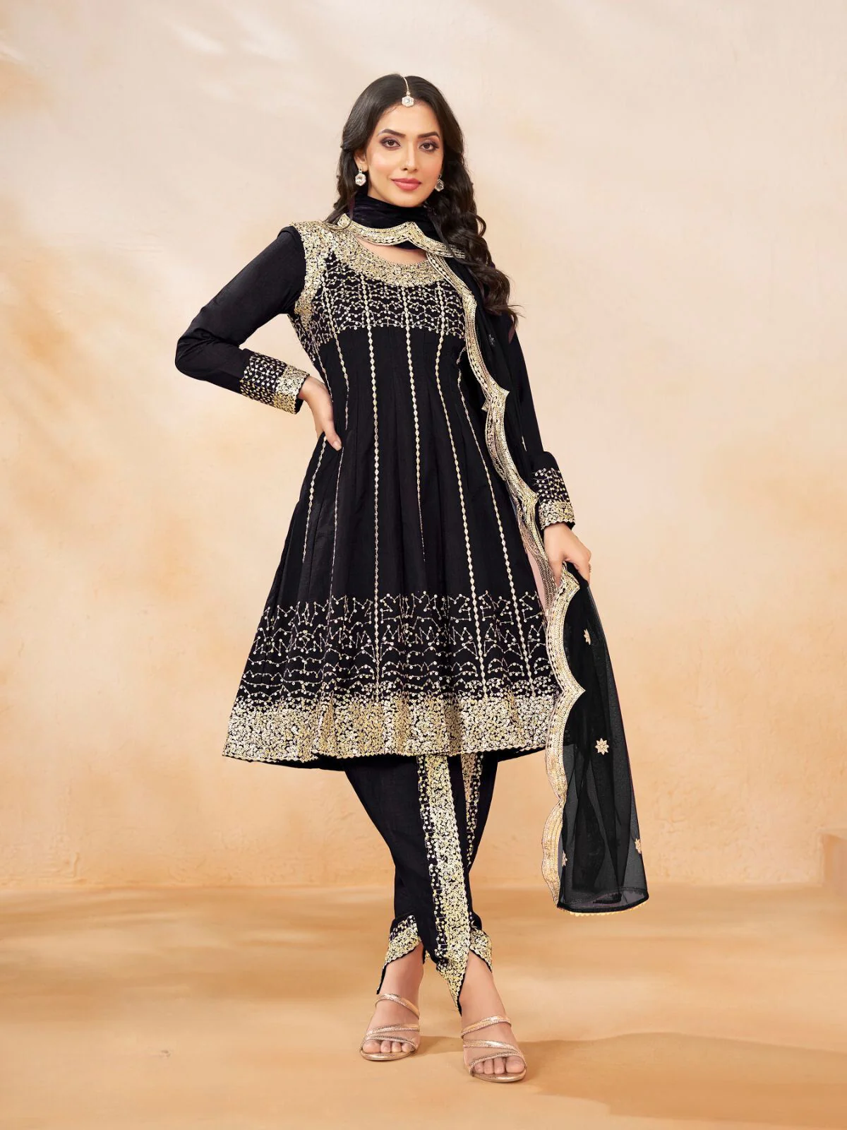 Odette Black Art Silk Embellished Semi Stitched Kurta Set For Women - Image 3
