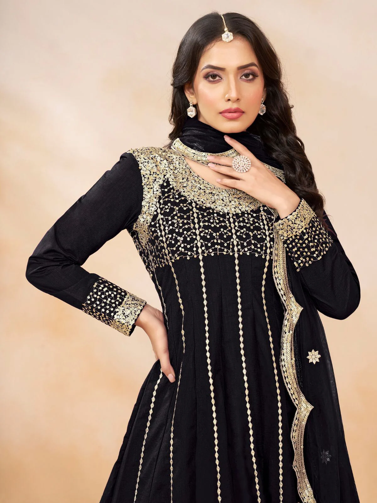 Odette Black Art Silk Embellished Semi Stitched Kurta Set For Women - Image 4