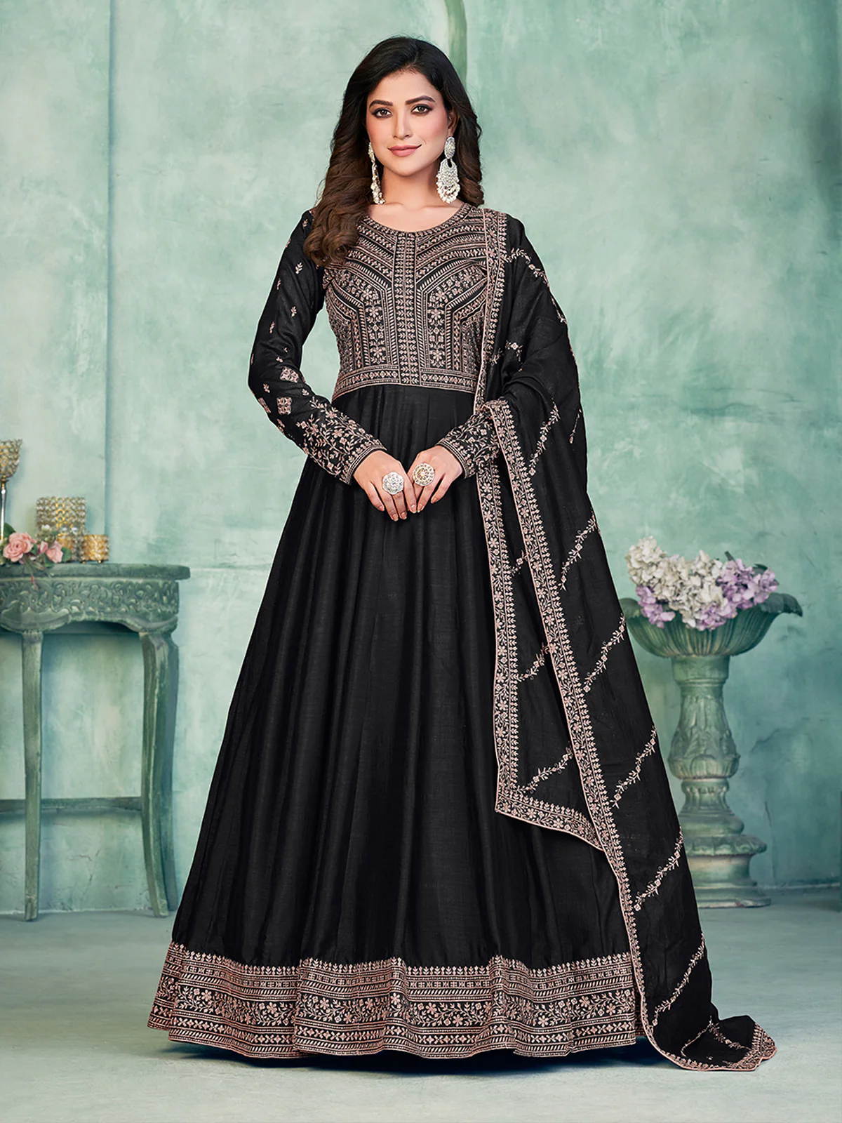 Odette Black Art Silk Embroidered Semi stitched Kurta Set with Inner For Women - Image 2