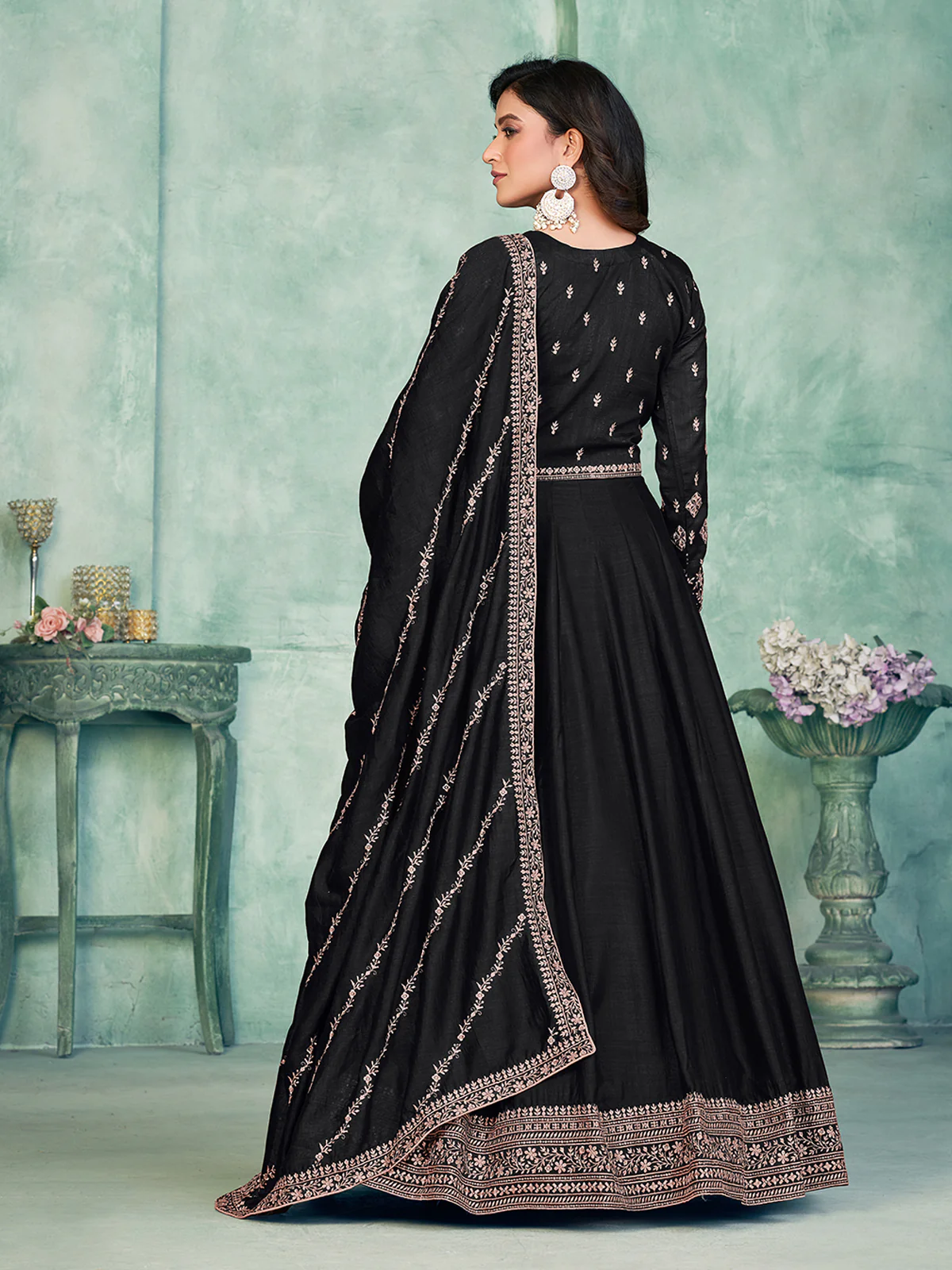 Odette Black Art Silk Embroidered Semi stitched Kurta Set with Inner For Women - Image 3