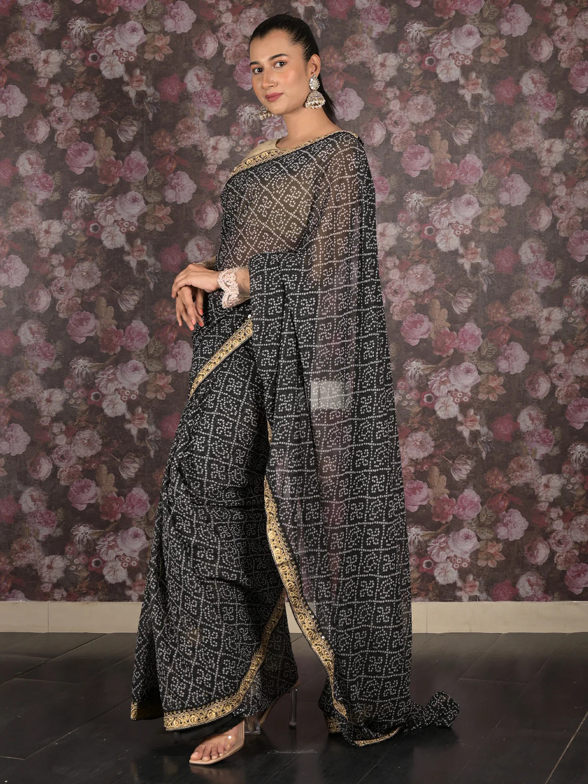 Odette Black Bandhani Printed Embroidered Saree with Unstitched Blouse for Women - Image 3