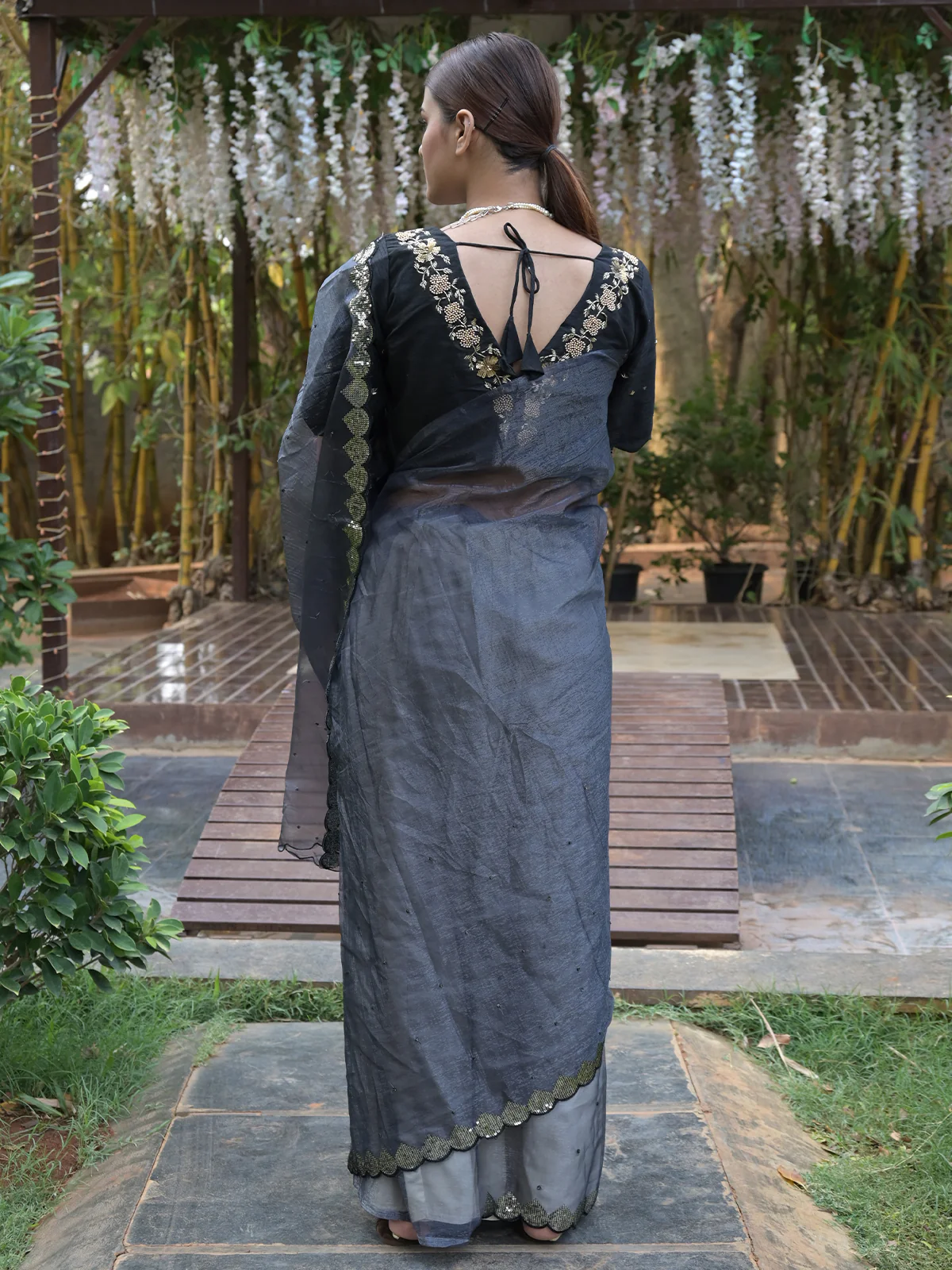 Odette Black Beads Embroidered Organza Saree with Unstitched Blouse for Women - Image 3