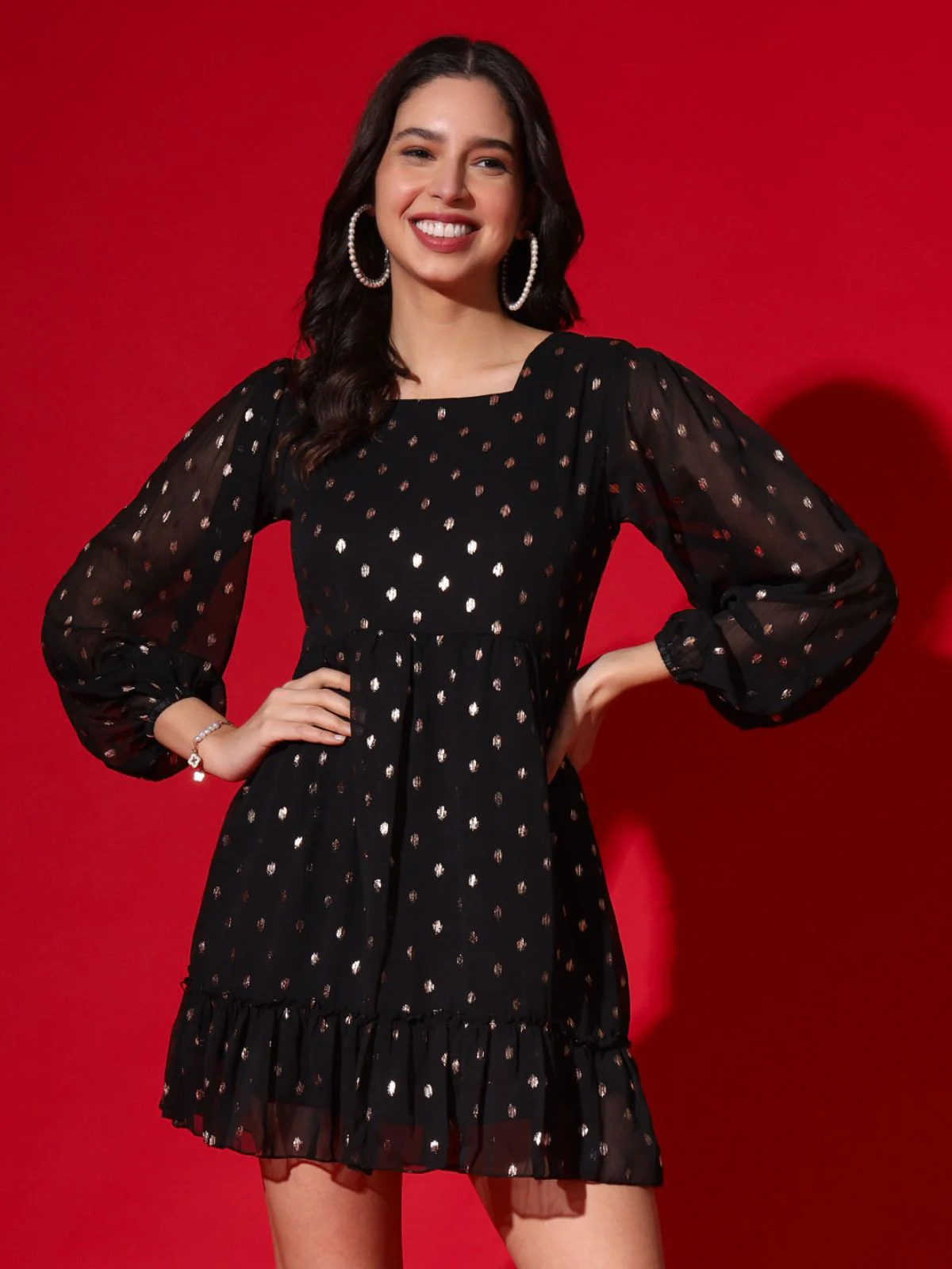 Odette Black Chiffon Foil Printed Stitched Dress For Women - Image 2