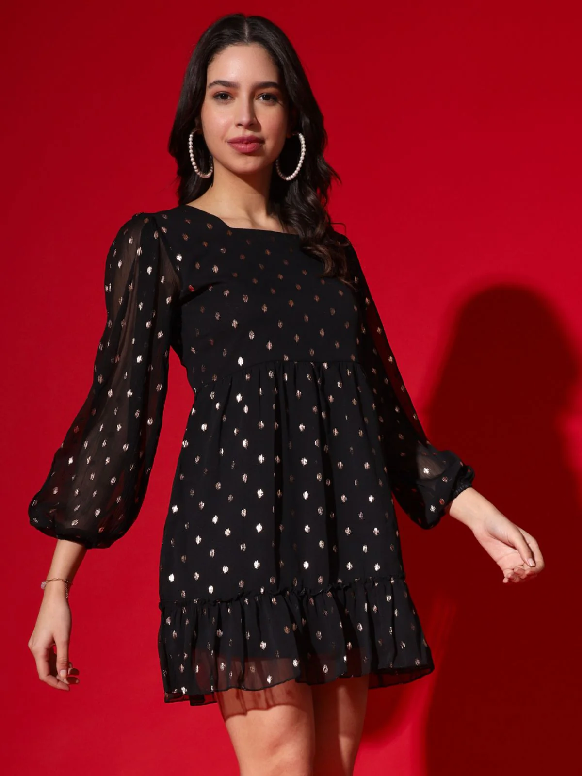 Odette Black Chiffon Foil Printed Stitched Dress For Women - Image 3