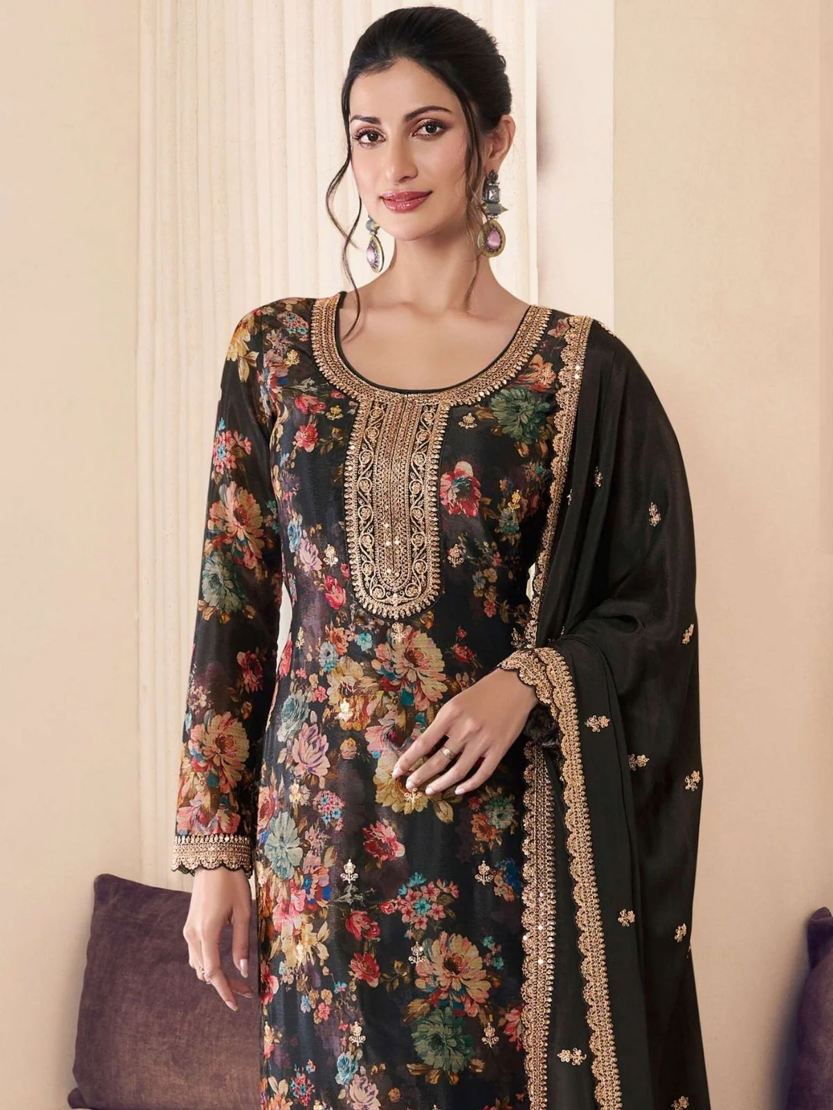 Odette Black Chiffon Printed And Embroidered Semi Stitched Kurta Set For Women - Image 2